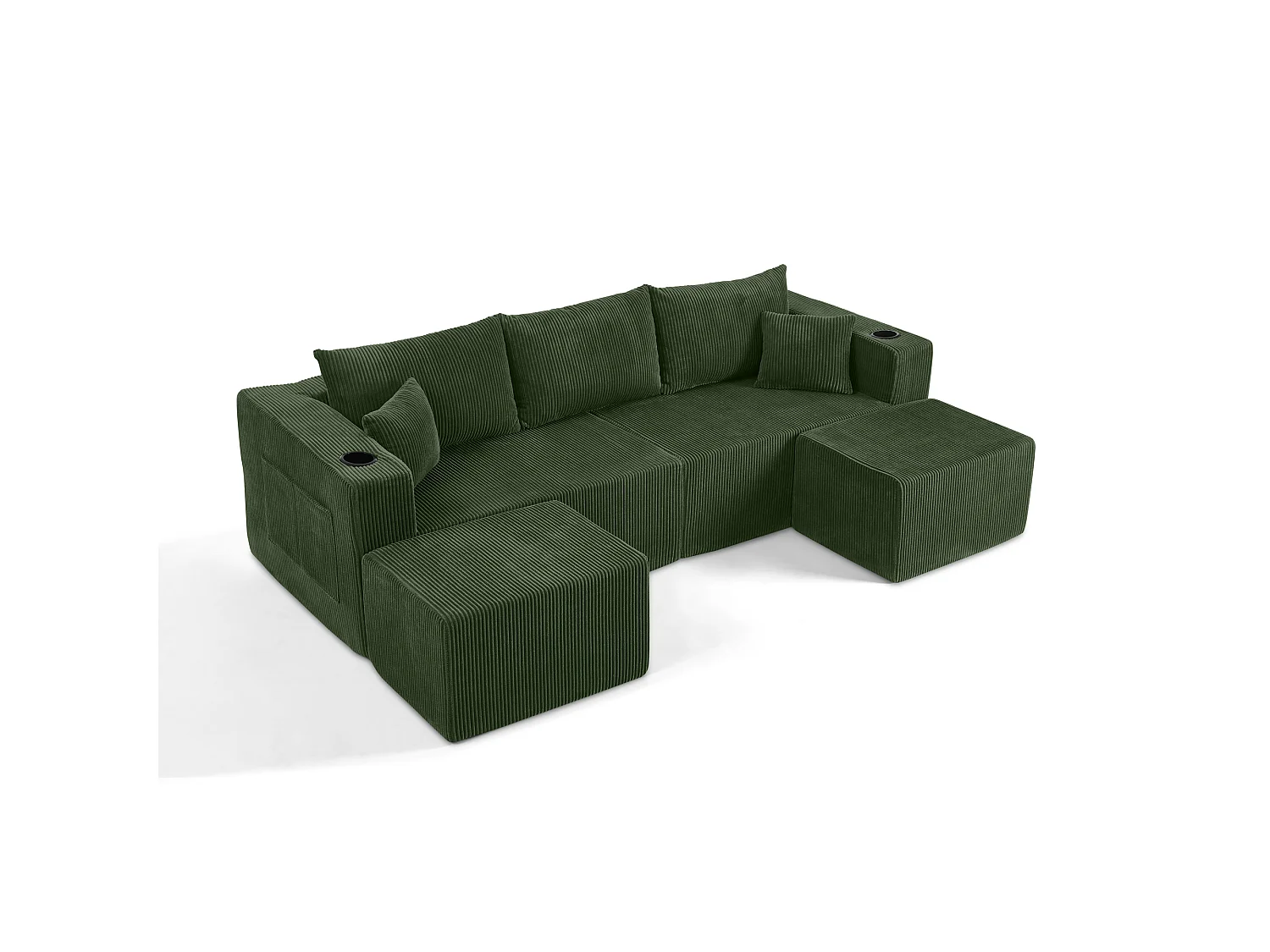 Canapé d'angle L modulable vert, poufs amovibles, velours côtelé, porte-gobelets et poche, salon