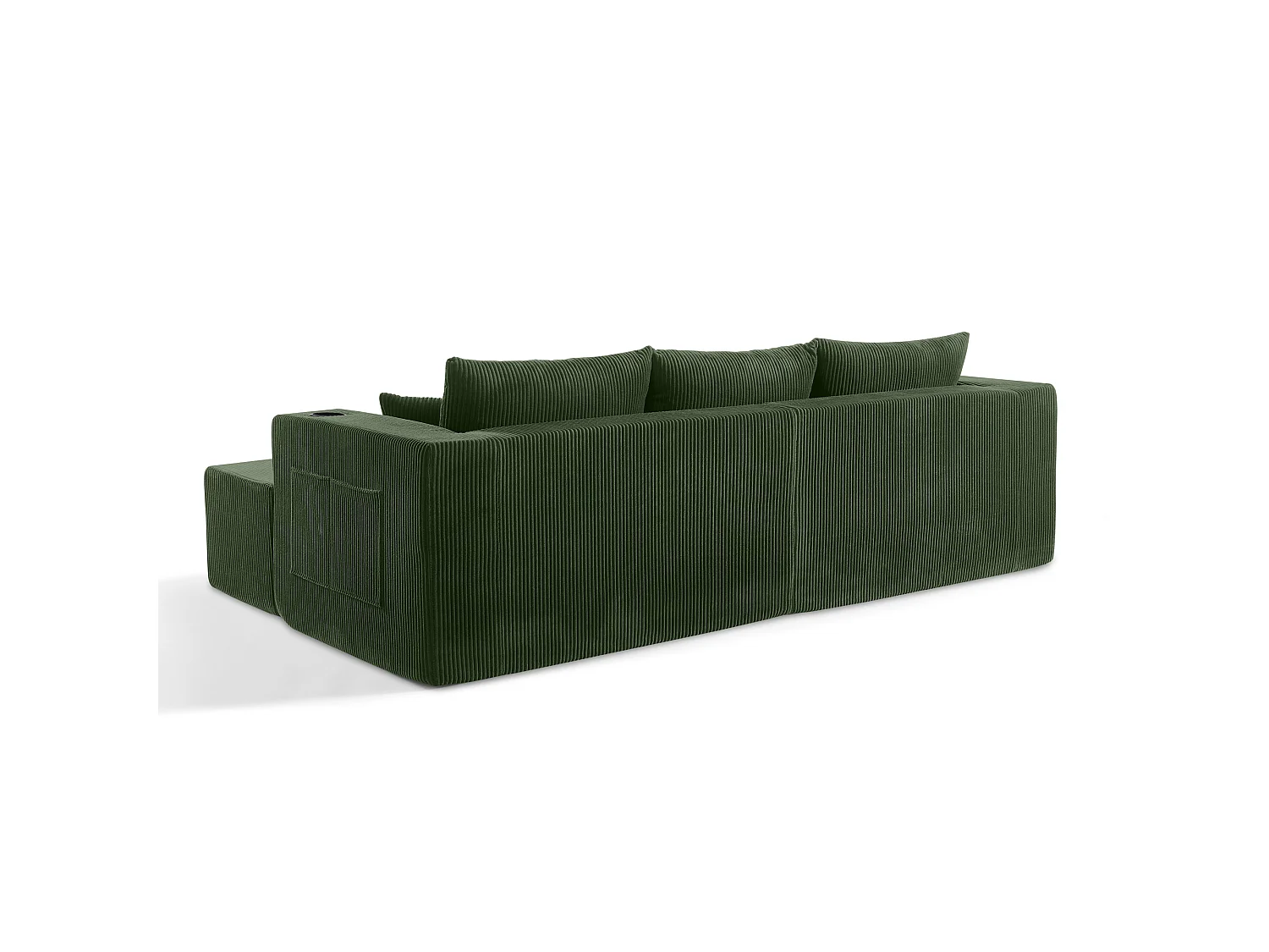 Canapé d'angle L modulable vert, poufs amovibles, velours côtelé, porte-gobelets et poche, salon