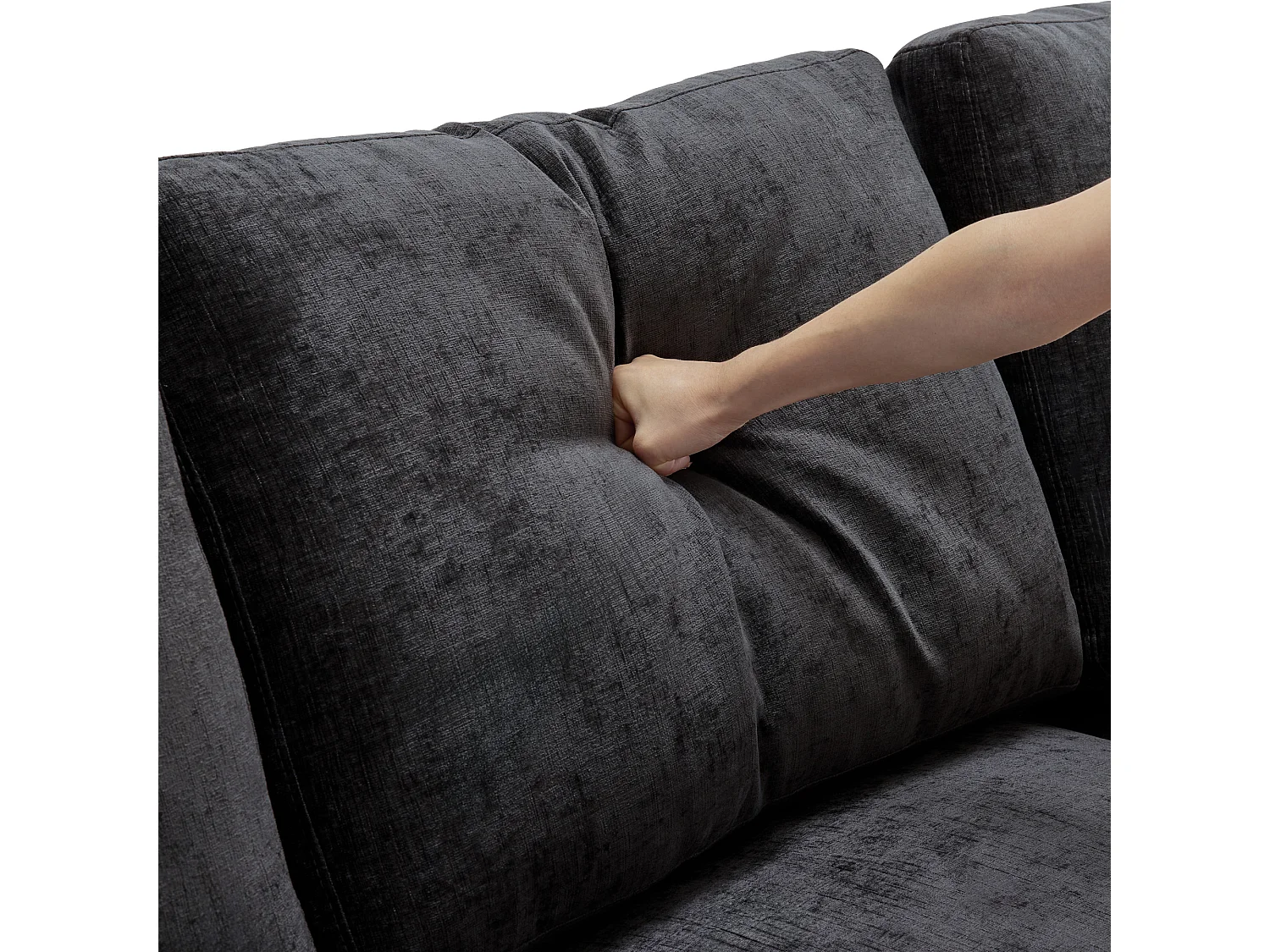 Canapé modulable L 3/4 places gris, pouf amovible, 4 coussins, tissu chenille, salon