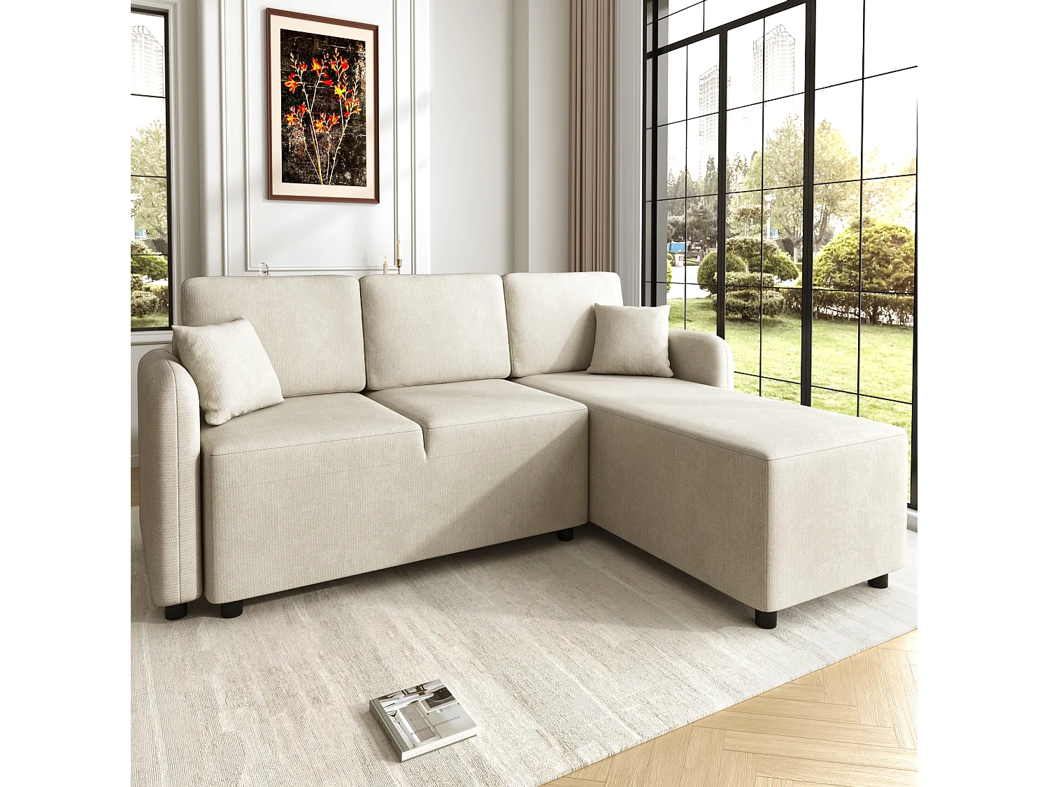 Canapé d'angle L 3 places en chenille, zone inclinable 144 cm, 2 coussins, design scandinave