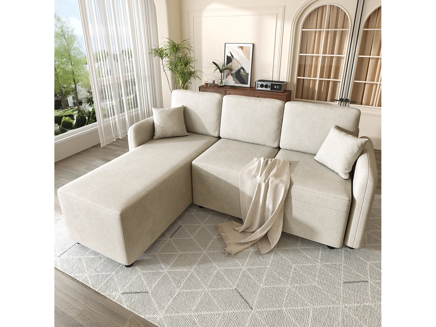 Canapé d'angle L 3 places en chenille, zone inclinable 144 cm, 2 coussins, design scandinave