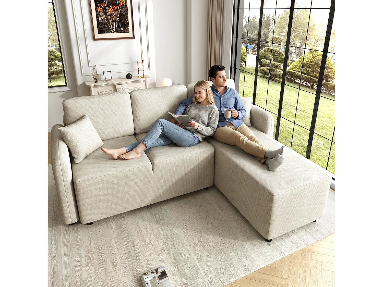 Canapé d'angle L 3 places en chenille, zone inclinable 144 cm, 2 coussins, design scandinave