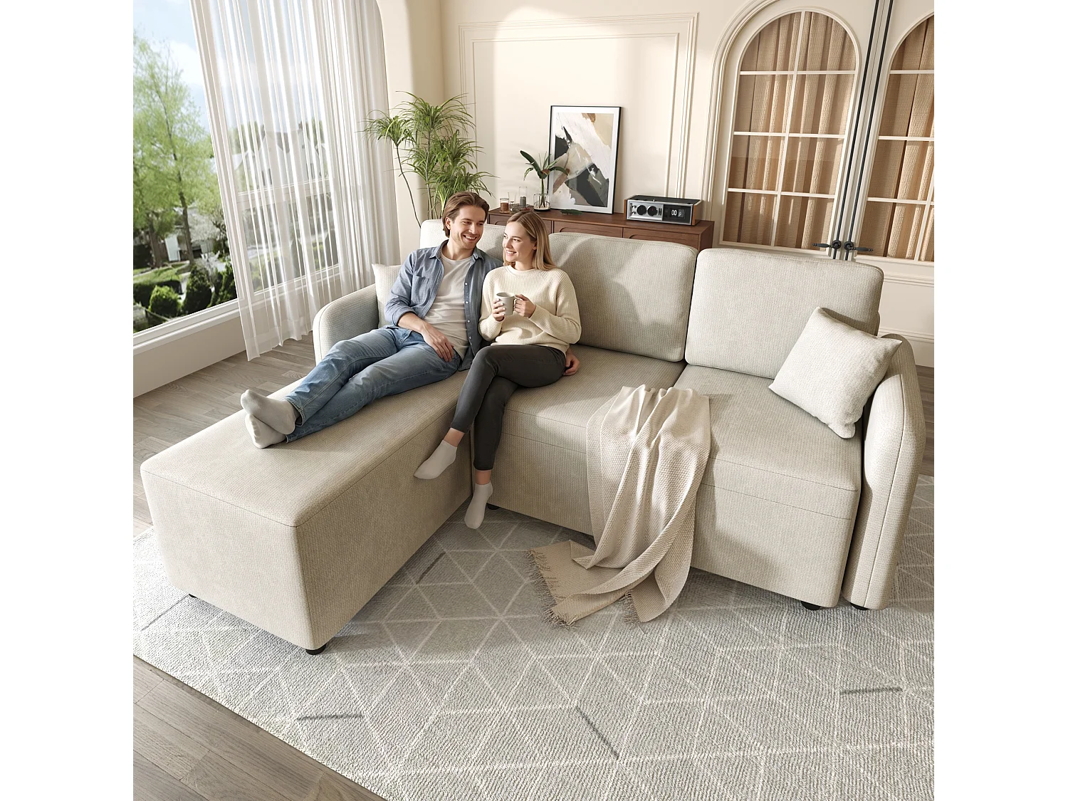 Canapé d'angle L 3 places en chenille, zone inclinable 144 cm, 2 coussins, design scandinave