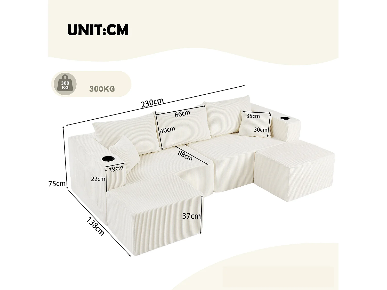Canapé d'angle L modulable beige, poufs amovibles, velours côtelé, porte-gobelets et poche, salon