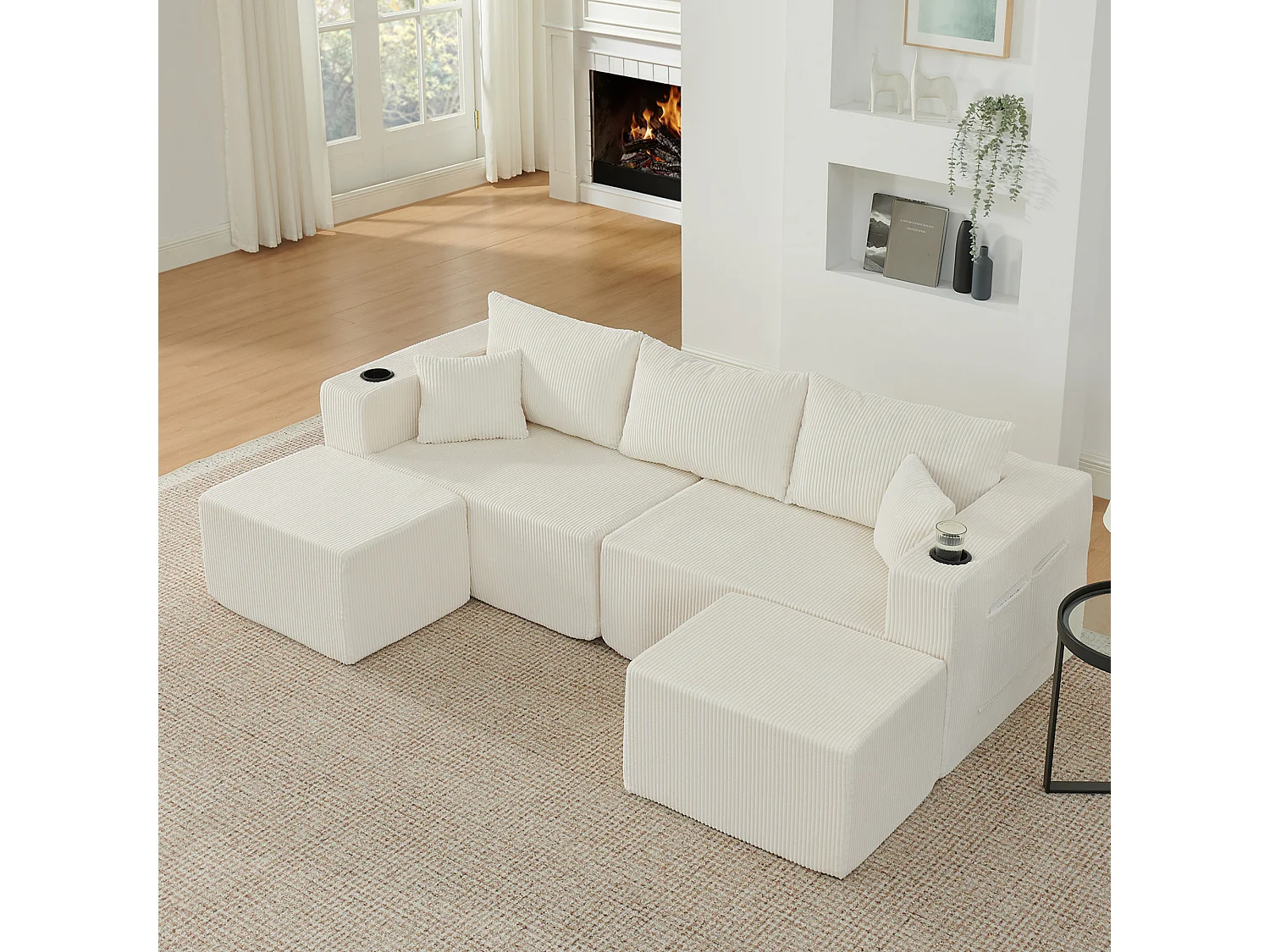 Canapé d'angle L modulable beige, poufs amovibles, velours côtelé, porte-gobelets et poche, salon