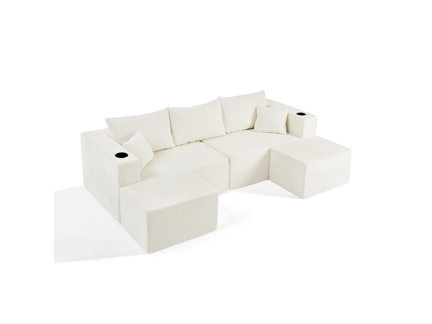 Canapé d'angle L modulable beige, poufs amovibles, velours côtelé, porte-gobelets et poche, salon