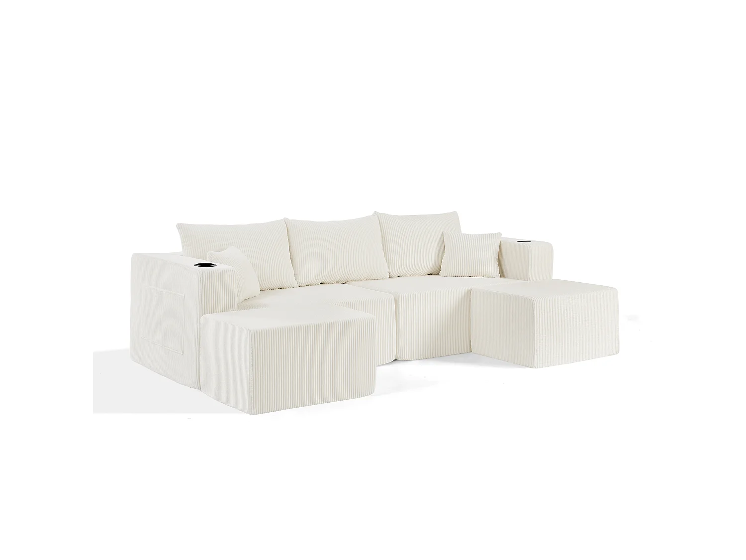 Canapé d'angle L modulable beige, poufs amovibles, velours côtelé, porte-gobelets et poche, salon