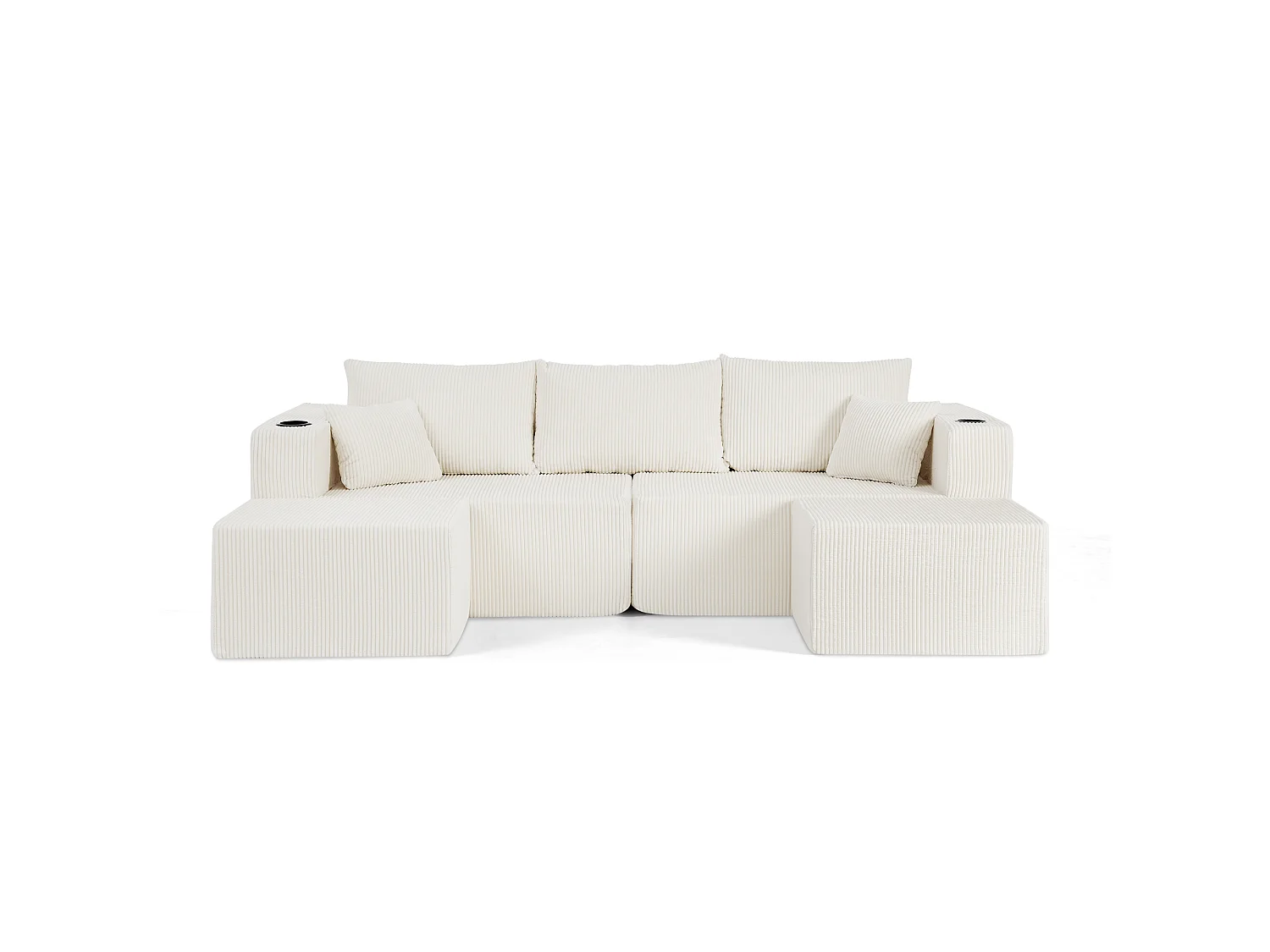 Canapé d'angle L modulable beige, poufs amovibles, velours côtelé, porte-gobelets et poche, salon