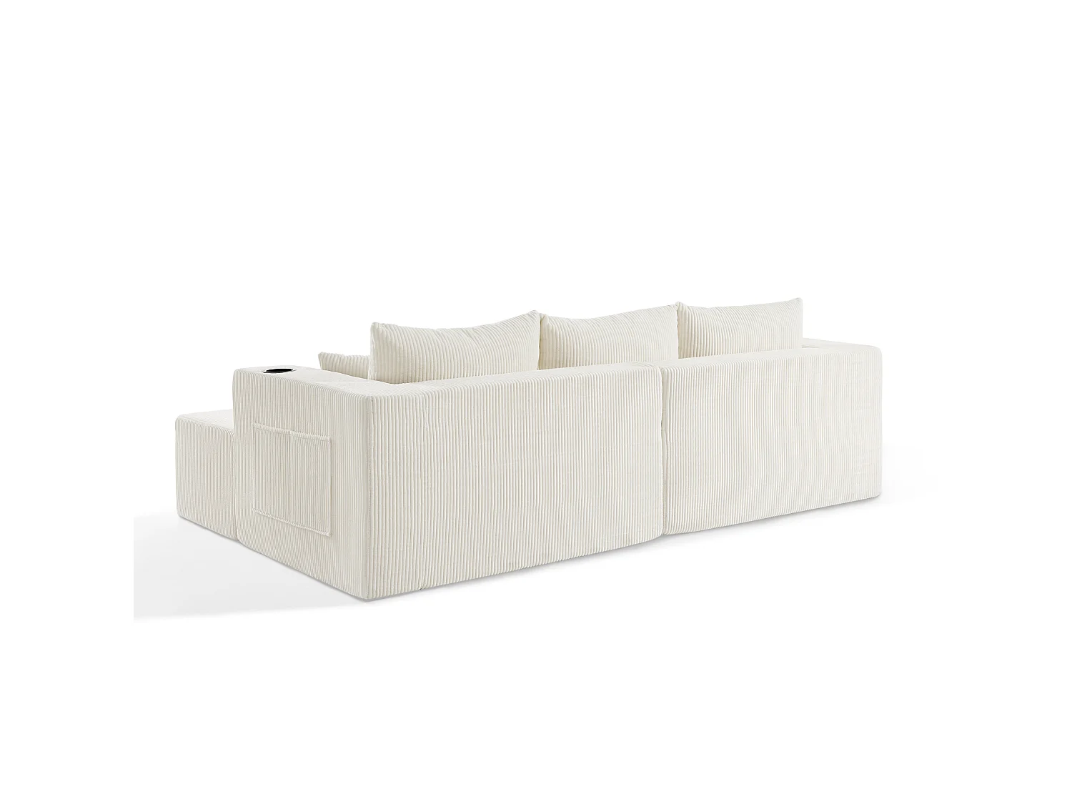 Canapé d'angle L modulable beige, poufs amovibles, velours côtelé, porte-gobelets et poche, salon