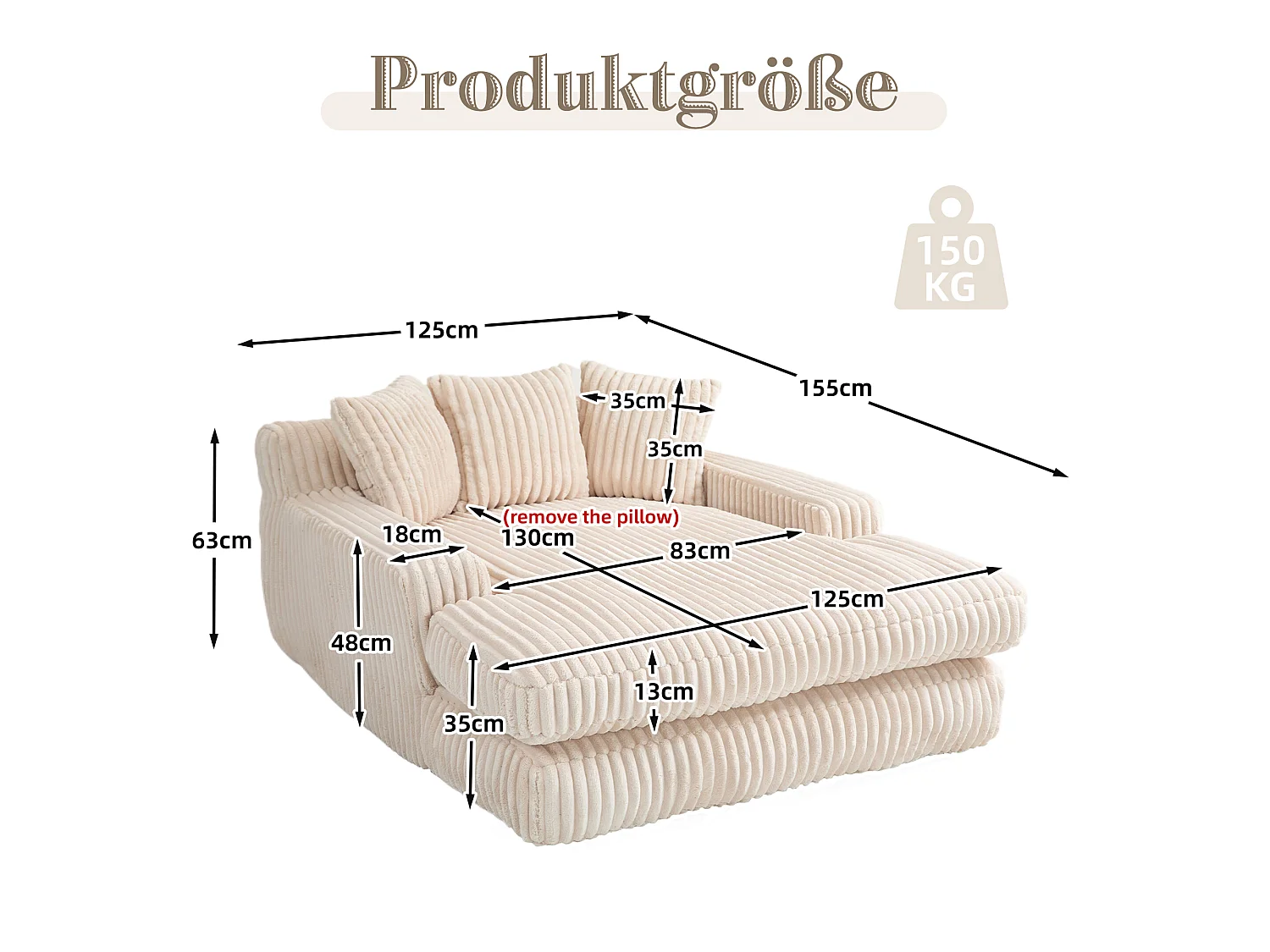 Canapé relaxation Cloud velours côtelé beige, 3 coussins, assise large, design scandinave