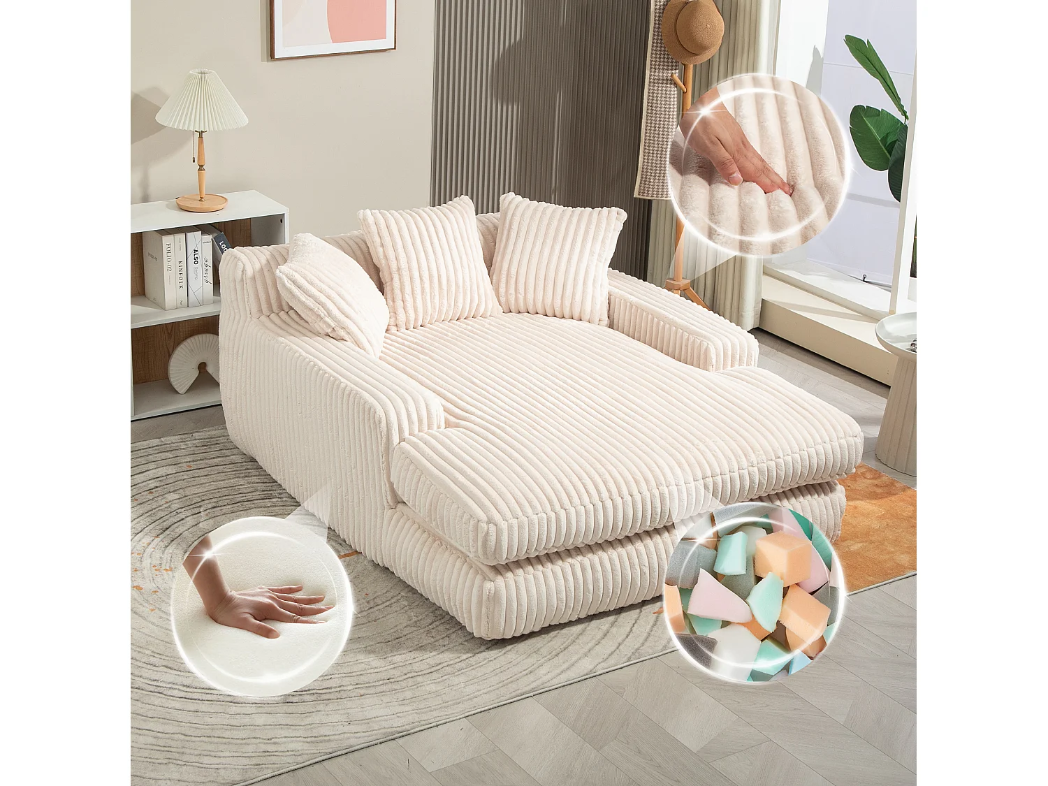 Canapé relaxation Cloud velours côtelé beige, 3 coussins, assise large, design scandinave