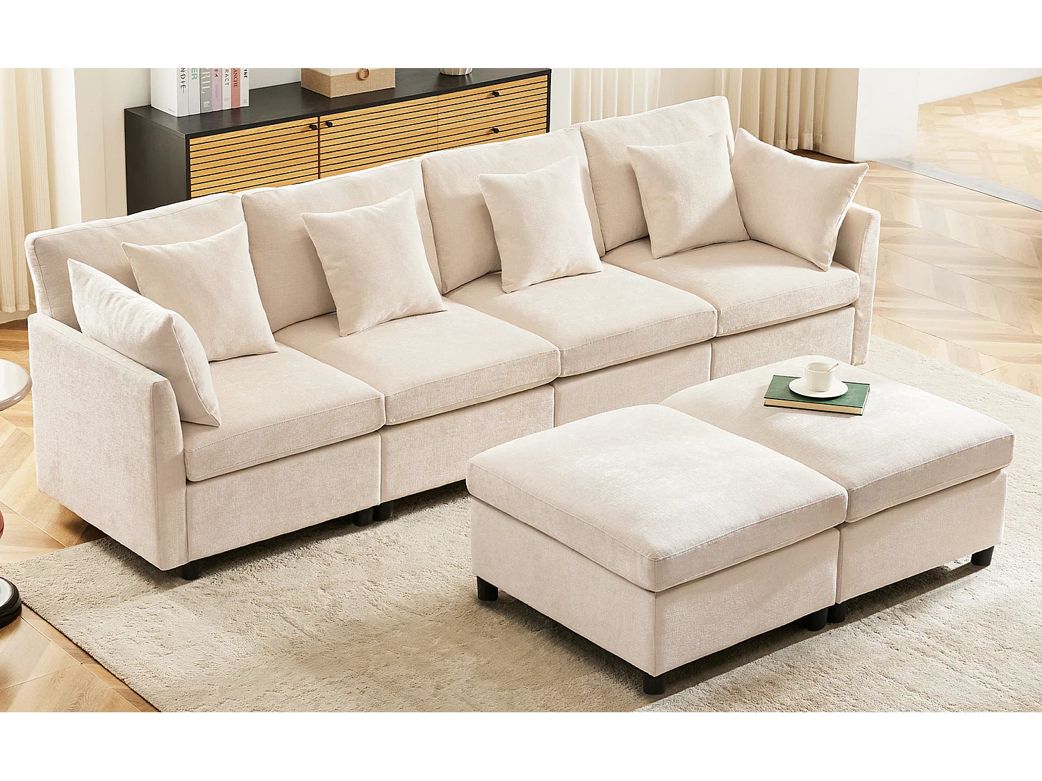 Canapé modulable U/L en chenille, avec 2 poufs et 6 coussins, ensemble salon moderne