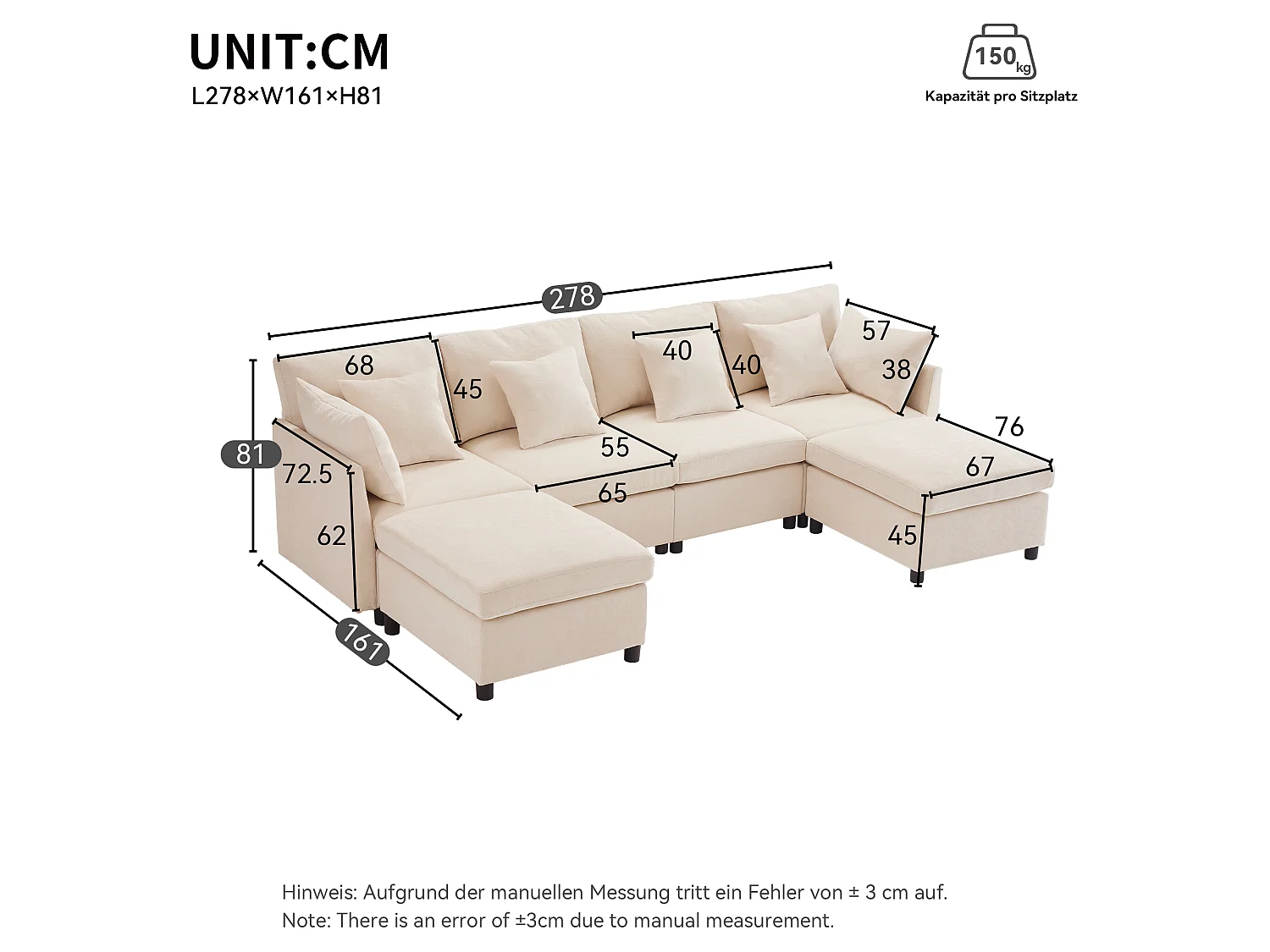 Canapé modulable U/L en chenille, avec 2 poufs et 6 coussins, ensemble salon moderne
