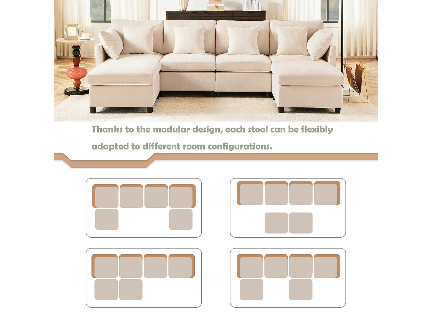 Canapé modulable U/L en chenille, avec 2 poufs et 6 coussins, ensemble salon moderne