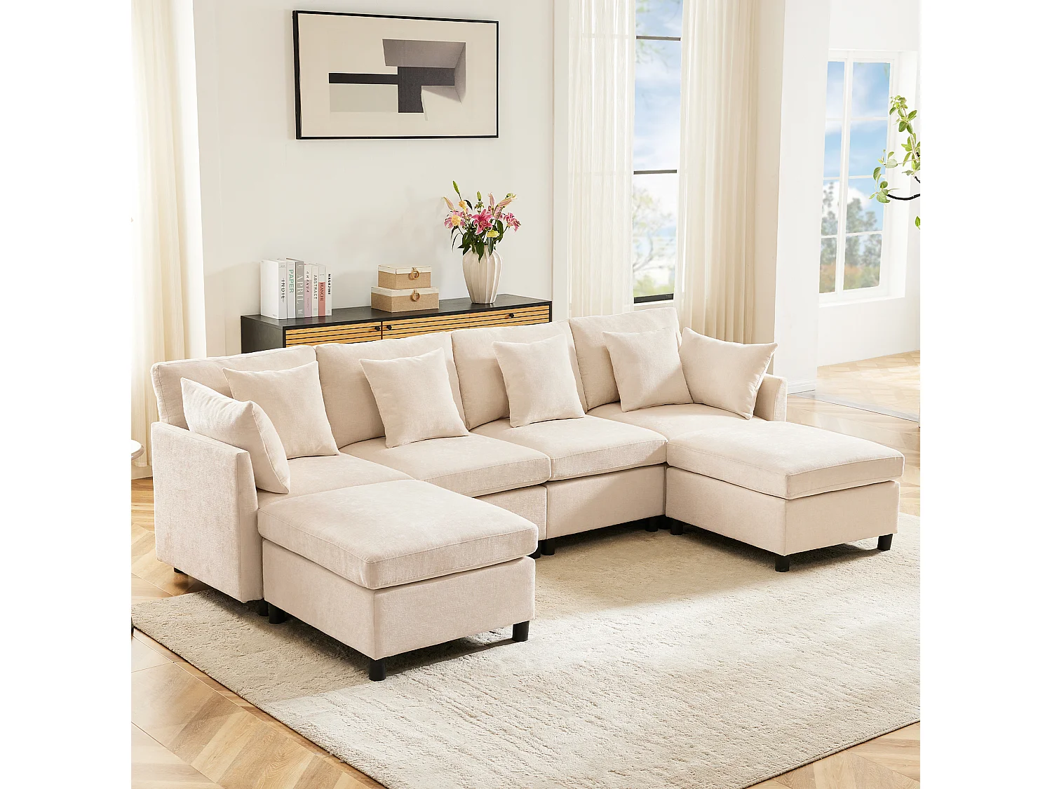 Canapé modulable U/L en chenille, avec 2 poufs et 6 coussins, ensemble salon moderne