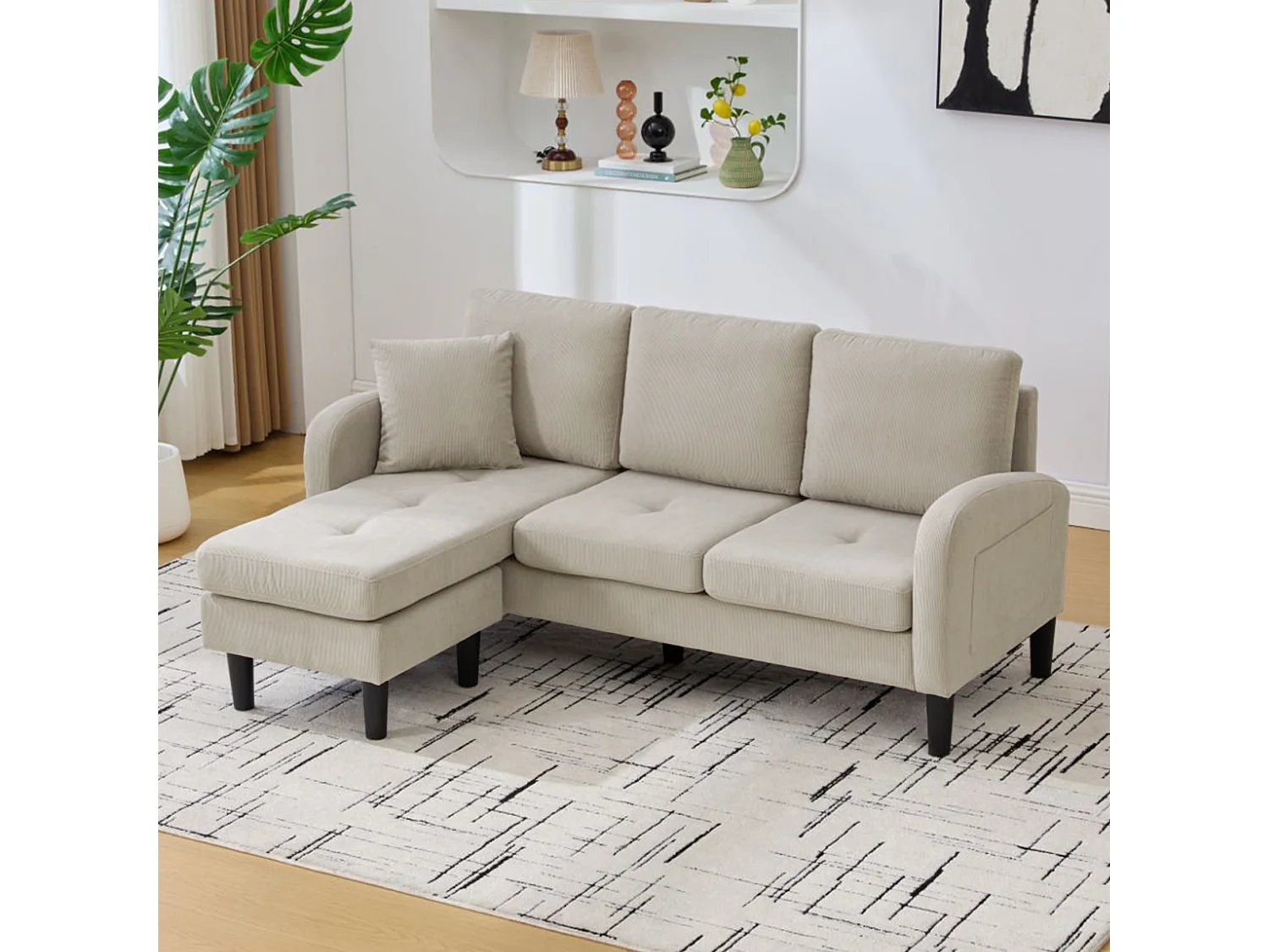 Canapé d'angle L 3 places, tissu coton et lin, méridienne, design scandinave, salon