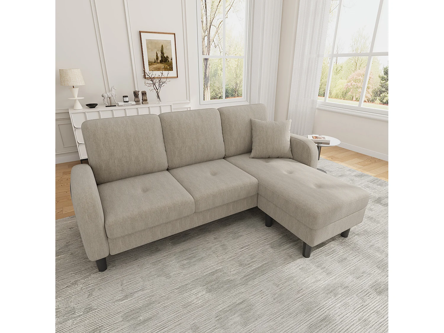 Canapé d'angle L 3 places, tissu coton et lin, méridienne, design scandinave, salon