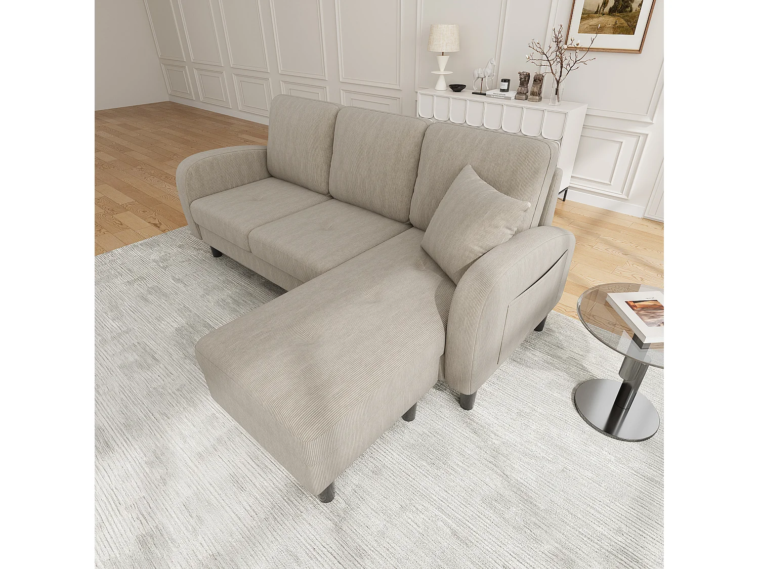 Canapé d'angle L 3 places, tissu coton et lin, méridienne, design scandinave, salon