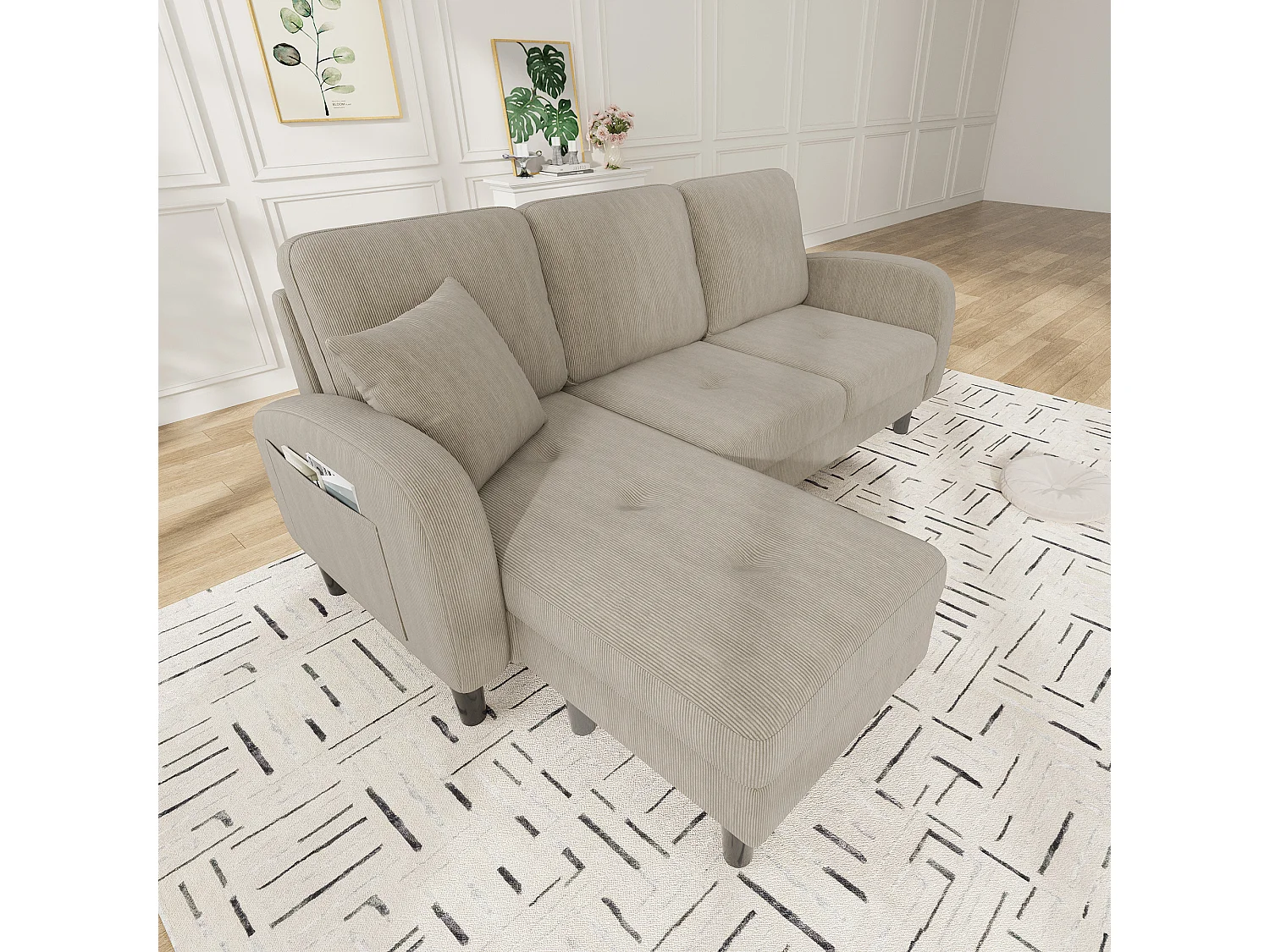 Canapé d'angle L 3 places, tissu coton et lin, méridienne, design scandinave, salon