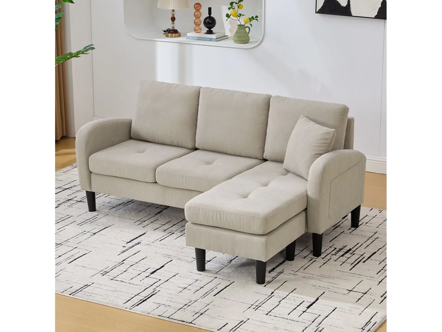 Canapé d'angle L 3 places, tissu coton et lin, méridienne, design scandinave, salon