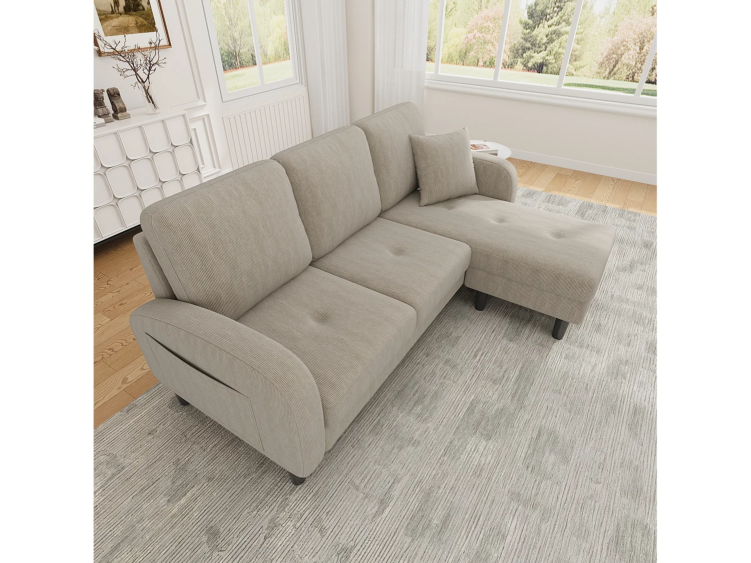Canapé d'angle L 3 places, tissu coton et lin, méridienne, design scandinave, salon