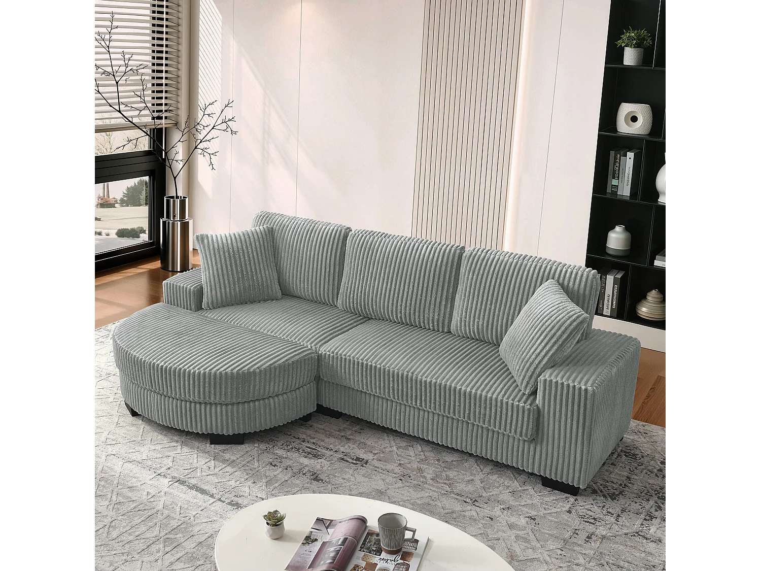 Canapé d'angle L 4 places en velours côtelé gris, modulable avec pouf ovale et 2 coussins, salon