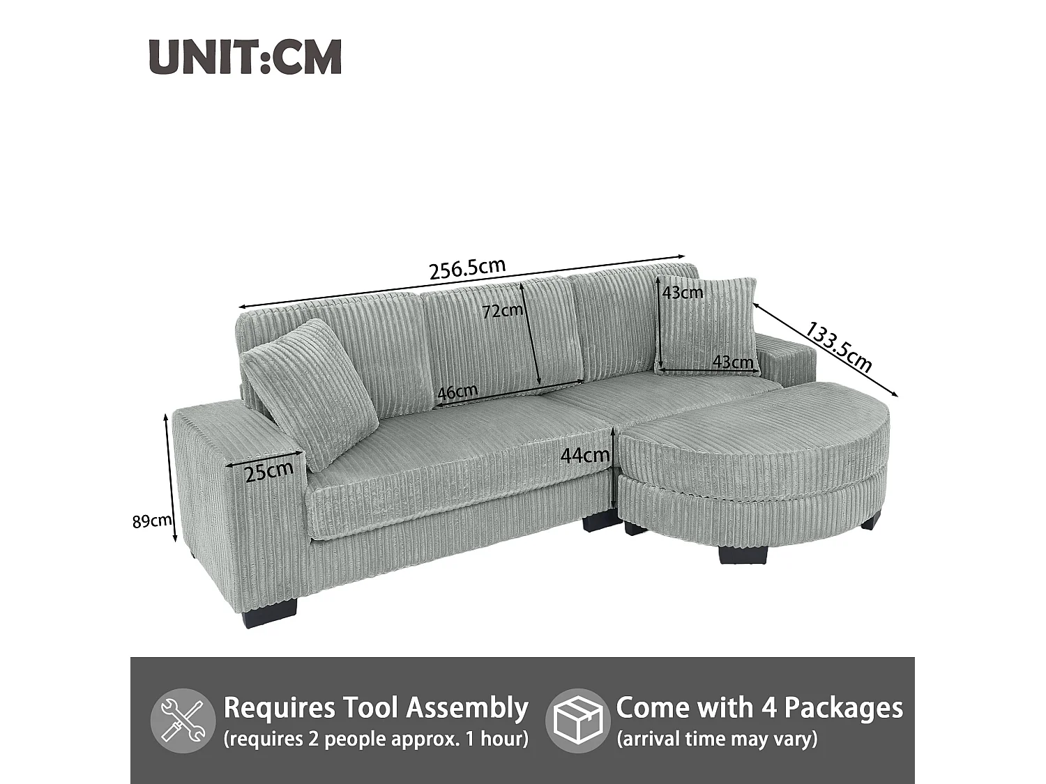Canapé d'angle L 4 places en velours côtelé gris, modulable avec pouf ovale et 2 coussins, salon