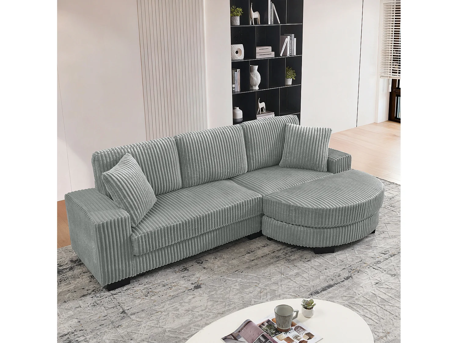 Canapé d'angle L 4 places en velours côtelé gris, modulable avec pouf ovale et 2 coussins, salon