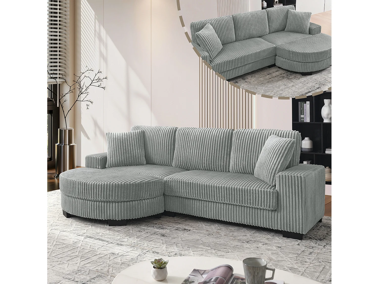 Canapé d'angle L 4 places en velours côtelé gris, modulable avec pouf ovale et 2 coussins, salon