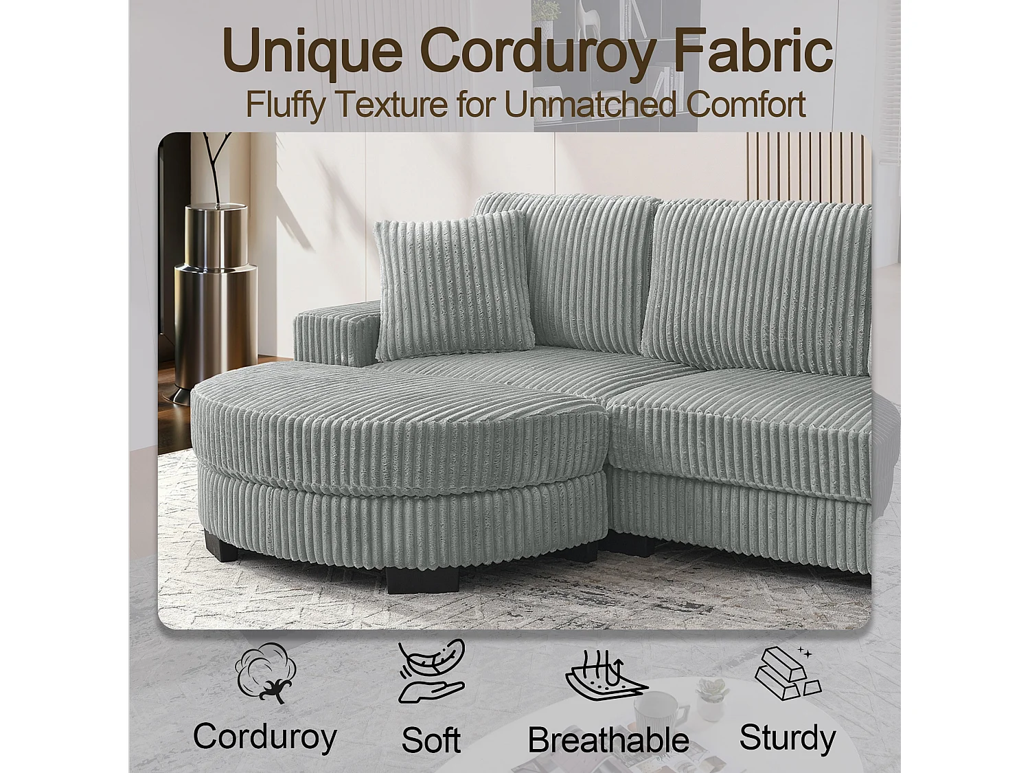 Canapé d'angle L 4 places en velours côtelé gris, modulable avec pouf ovale et 2 coussins, salon
