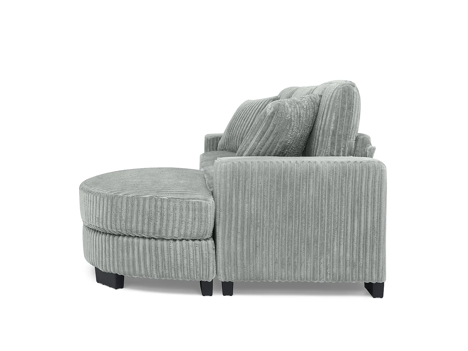 Canapé d'angle L 4 places en velours côtelé gris, modulable avec pouf ovale et 2 coussins, salon