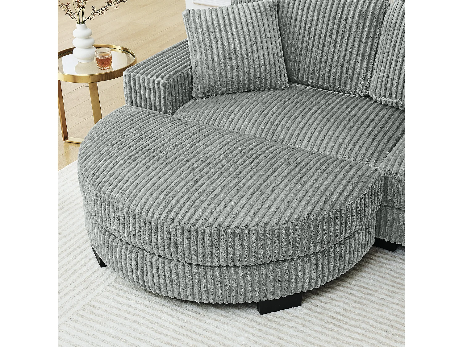 Canapé d'angle L 4 places en velours côtelé gris, modulable avec pouf ovale et 2 coussins, salon