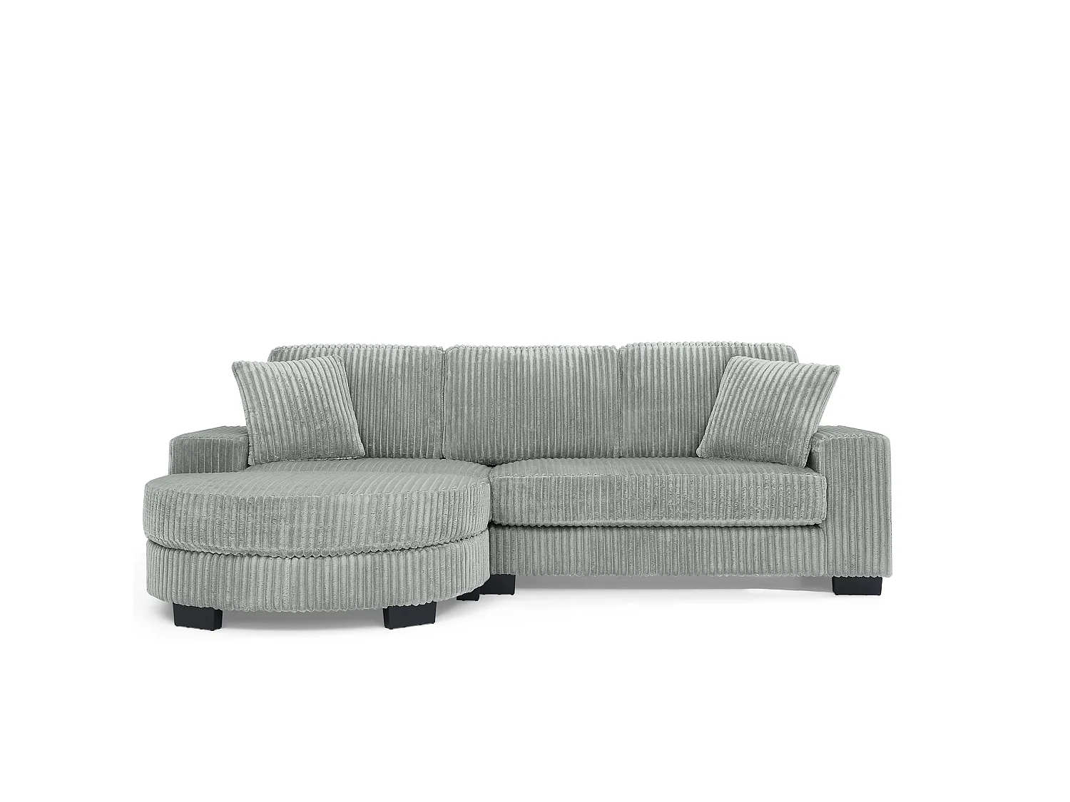 Canapé d'angle L 4 places en velours côtelé gris, modulable avec pouf ovale et 2 coussins, salon