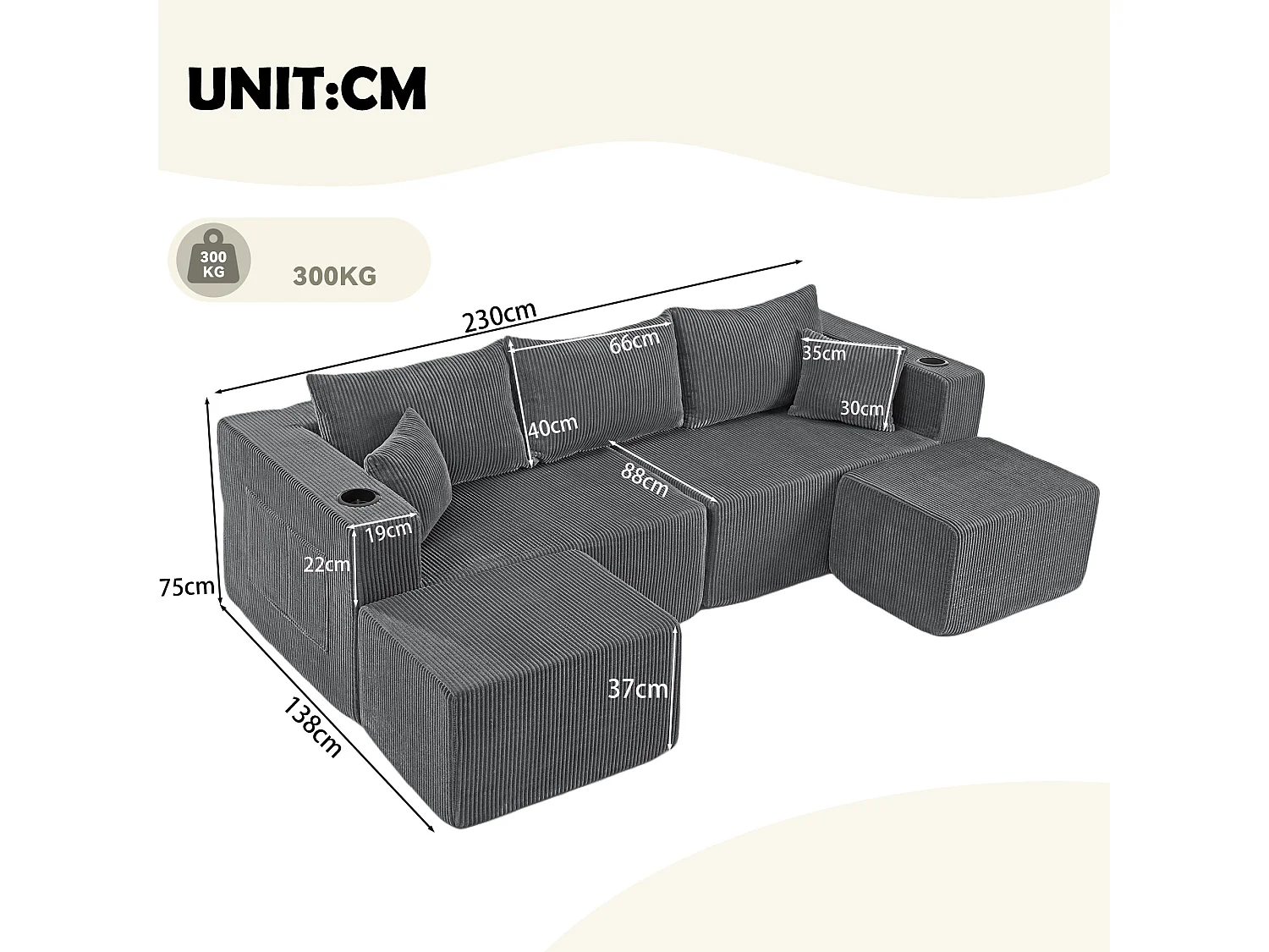 Canapé d'angle L modulable gris, poufs amovibles, velours côtelé, porte-gobelets et poche, salon