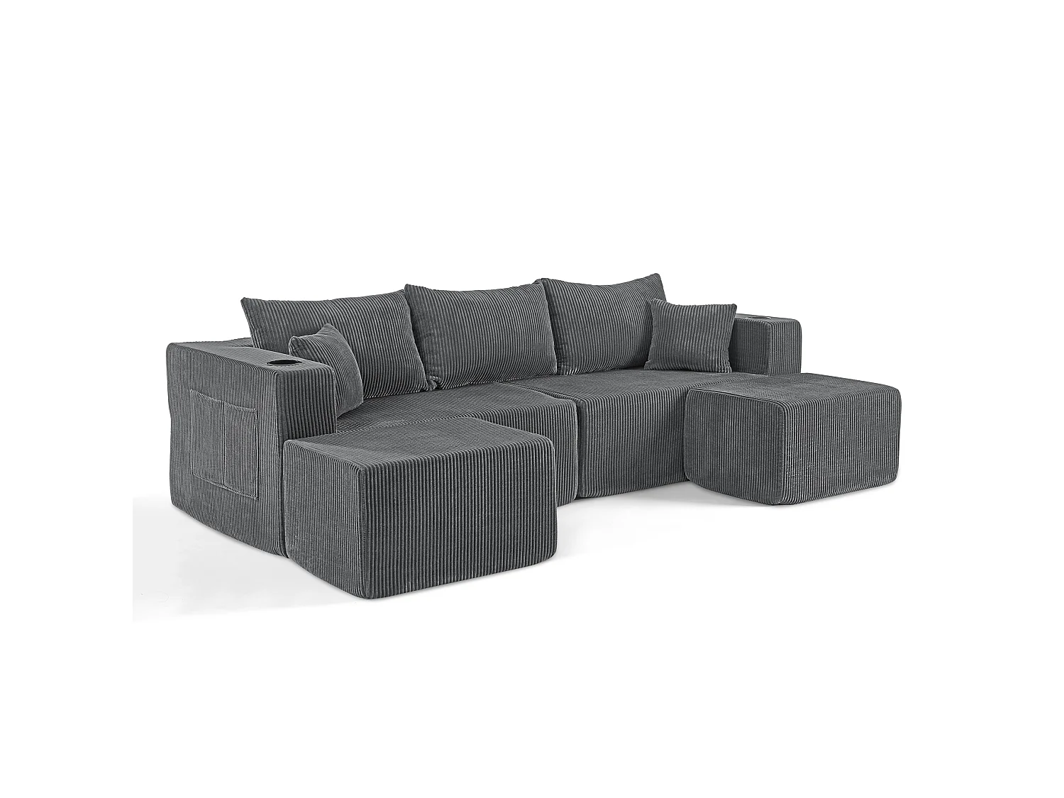 Canapé d'angle L modulable gris, poufs amovibles, velours côtelé, porte-gobelets et poche, salon