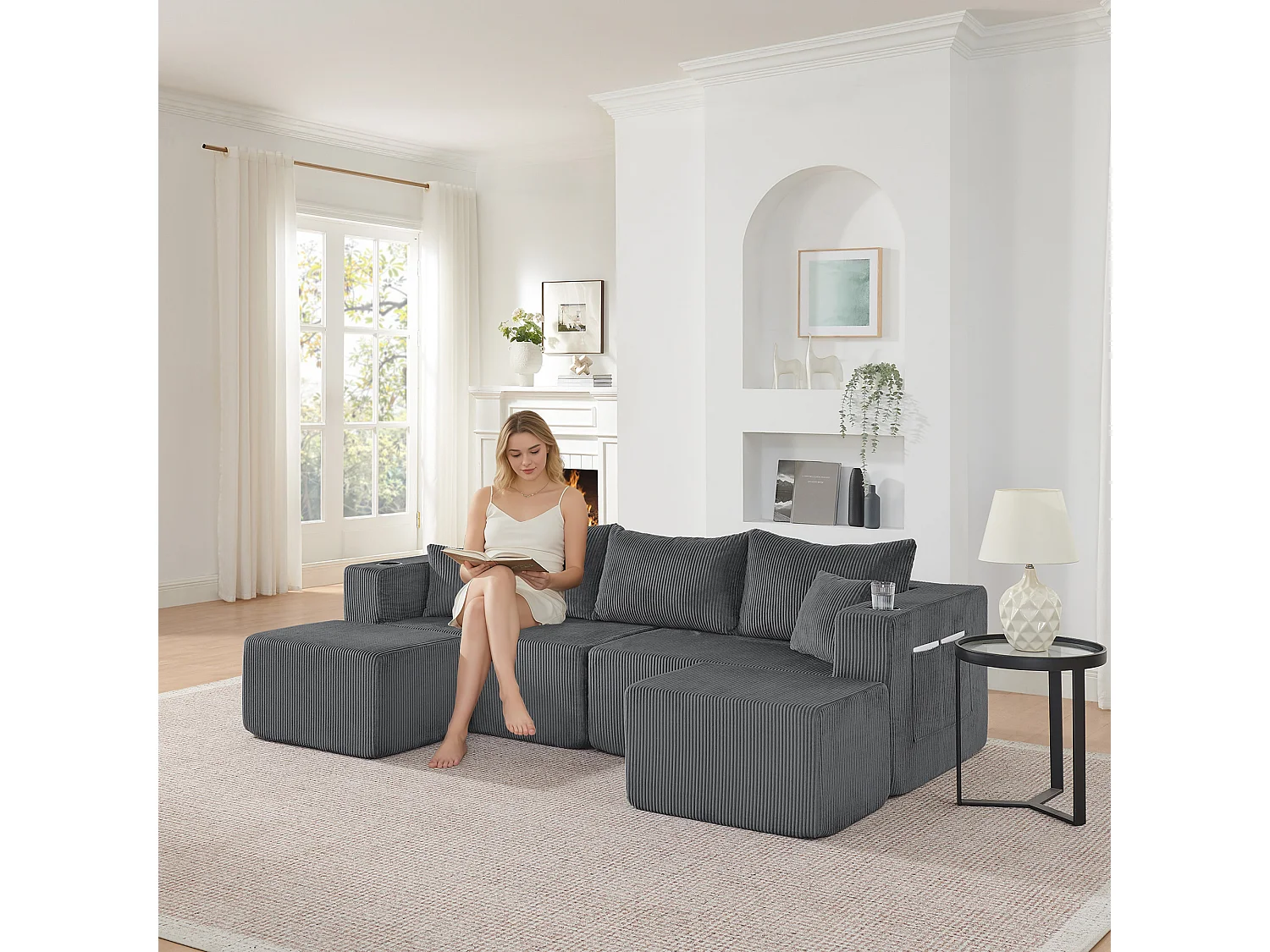 Canapé d'angle L modulable gris, poufs amovibles, velours côtelé, porte-gobelets et poche, salon