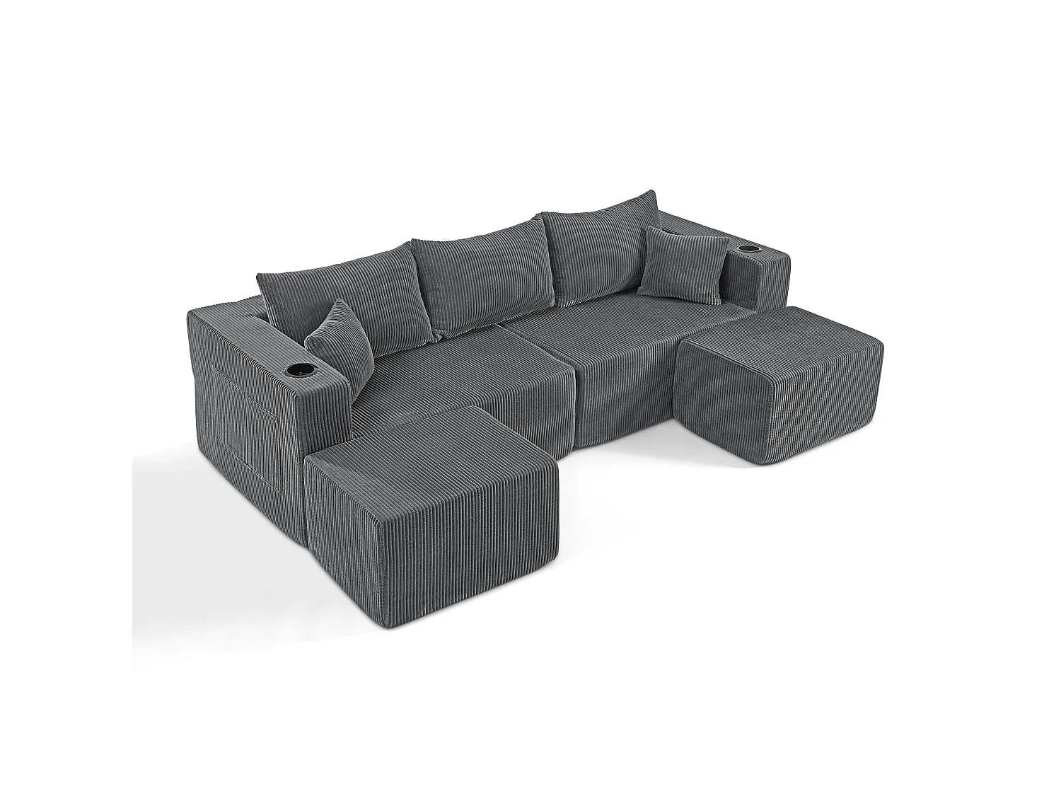 Canapé d'angle L modulable gris, poufs amovibles, velours côtelé, porte-gobelets et poche, salon