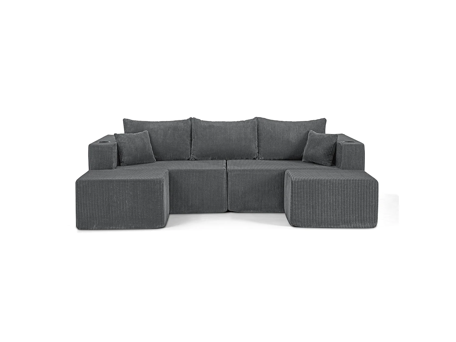 Canapé d'angle L modulable gris, poufs amovibles, velours côtelé, porte-gobelets et poche, salon