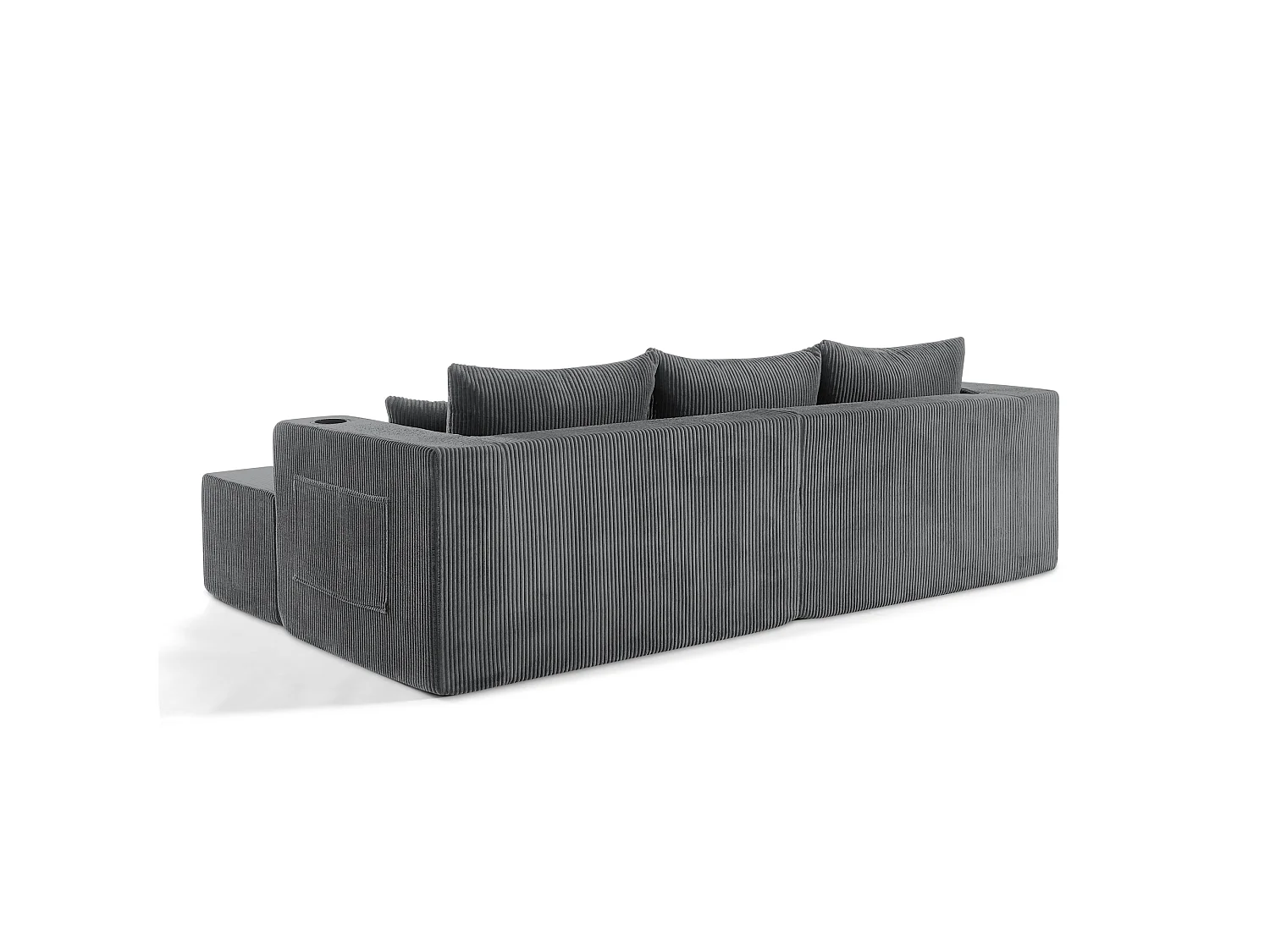 Canapé d'angle L modulable gris, poufs amovibles, velours côtelé, porte-gobelets et poche, salon
