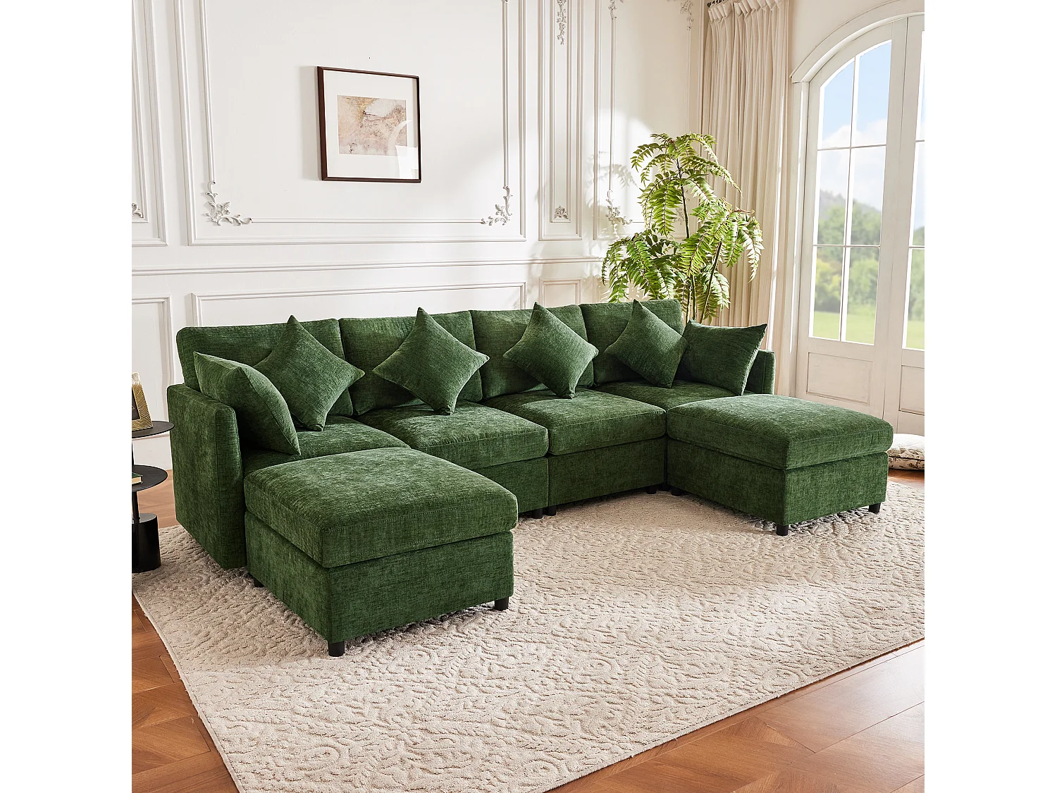 Canapé modulable U/L vert, avec 2 poufs et 6 coussins, tissu chenille, salon