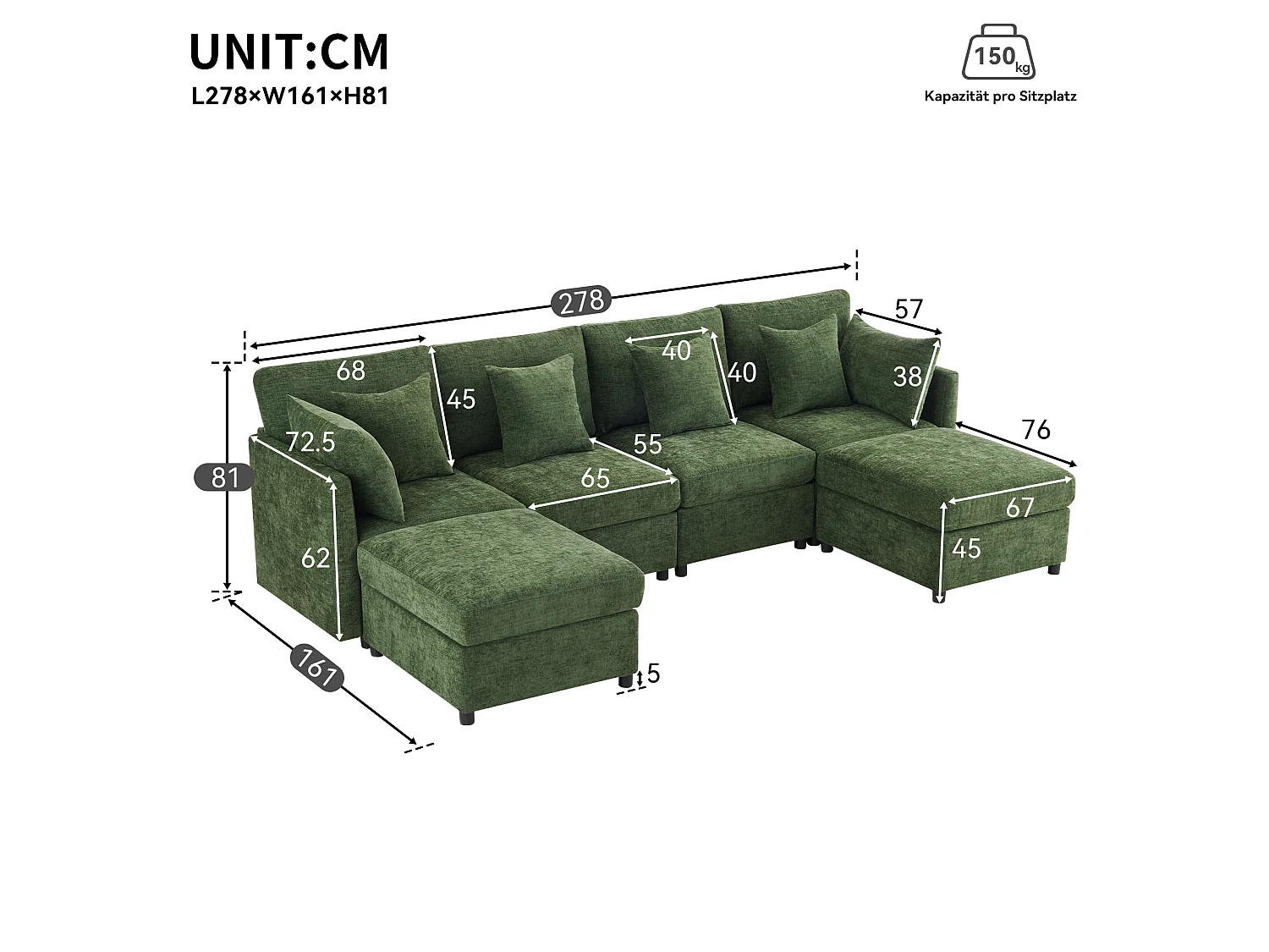 Canapé modulable U/L vert, avec 2 poufs et 6 coussins, tissu chenille, salon