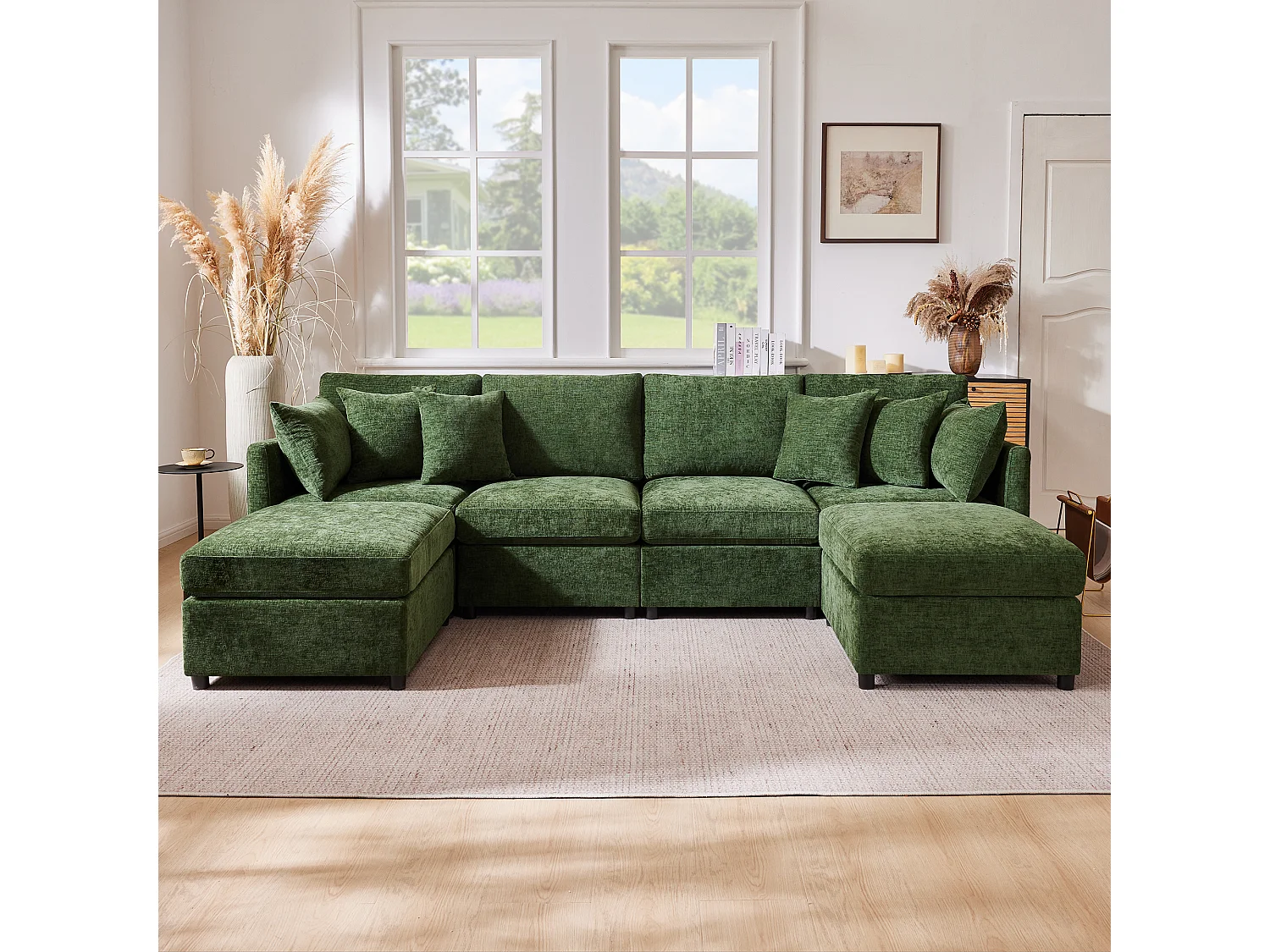 Canapé modulable U/L vert, avec 2 poufs et 6 coussins, tissu chenille, salon