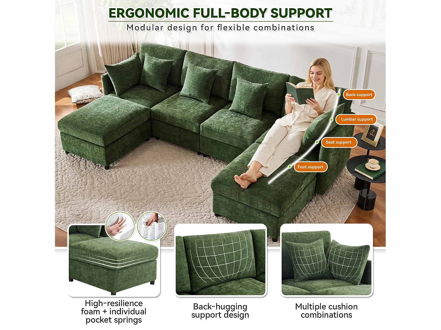 Canapé modulable U/L vert, avec 2 poufs et 6 coussins, tissu chenille, salon