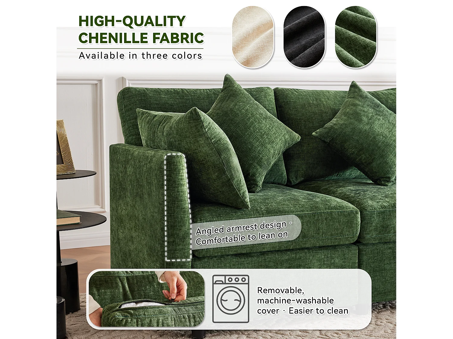 Canapé modulable U/L vert, avec 2 poufs et 6 coussins, tissu chenille, salon