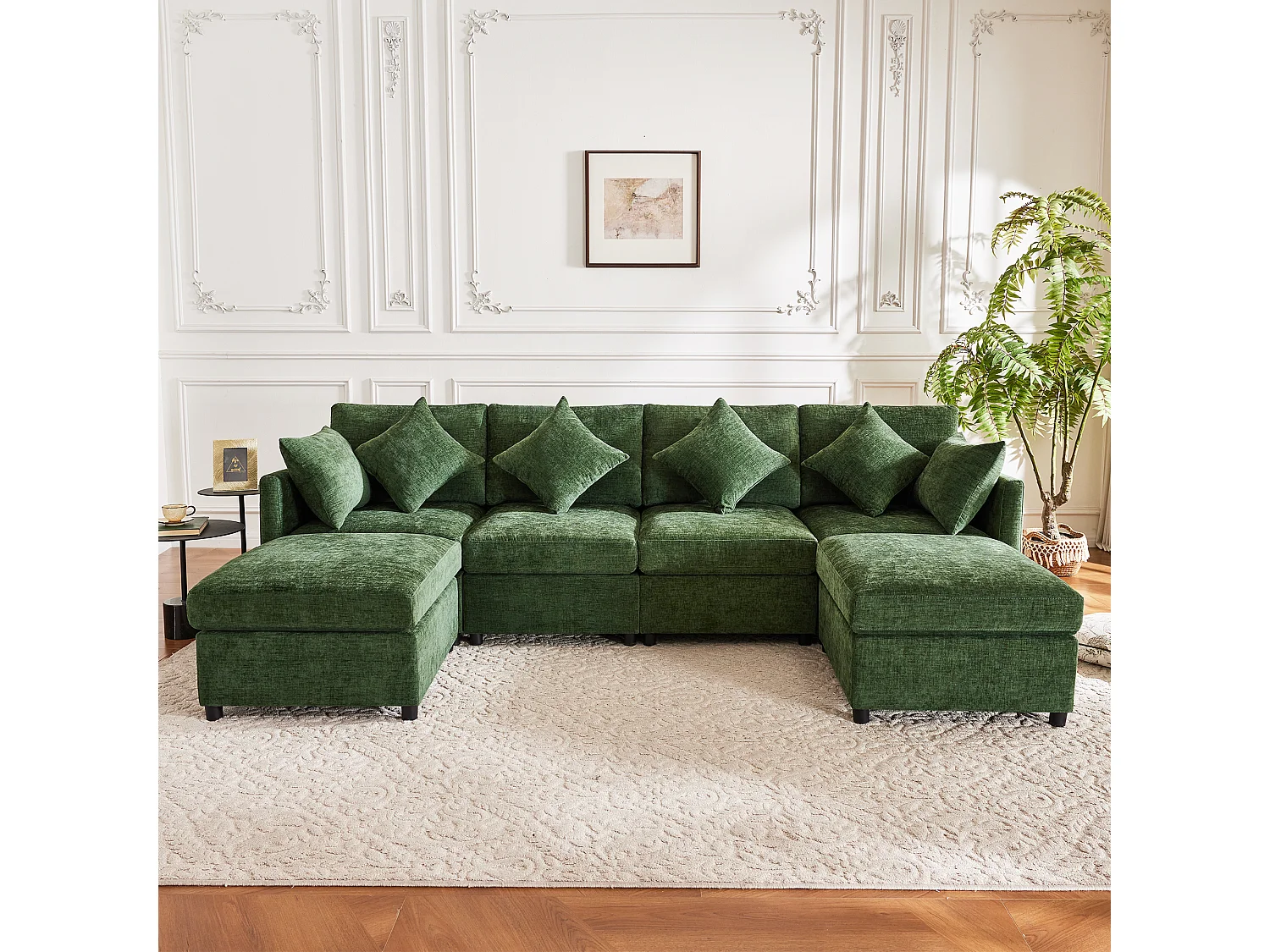 Canapé modulable U/L vert, avec 2 poufs et 6 coussins, tissu chenille, salon