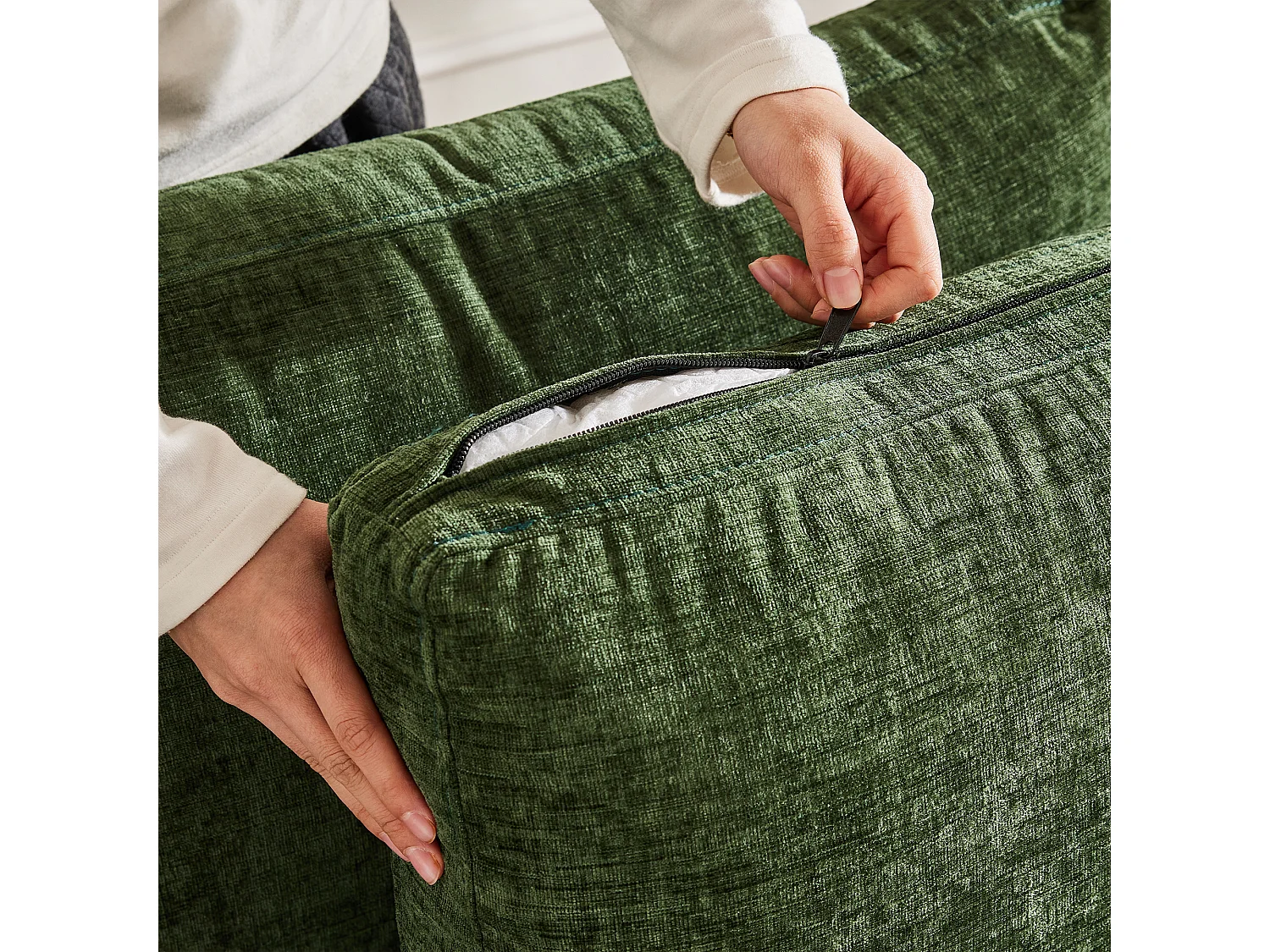 Canapé modulable U/L vert, avec 2 poufs et 6 coussins, tissu chenille, salon
