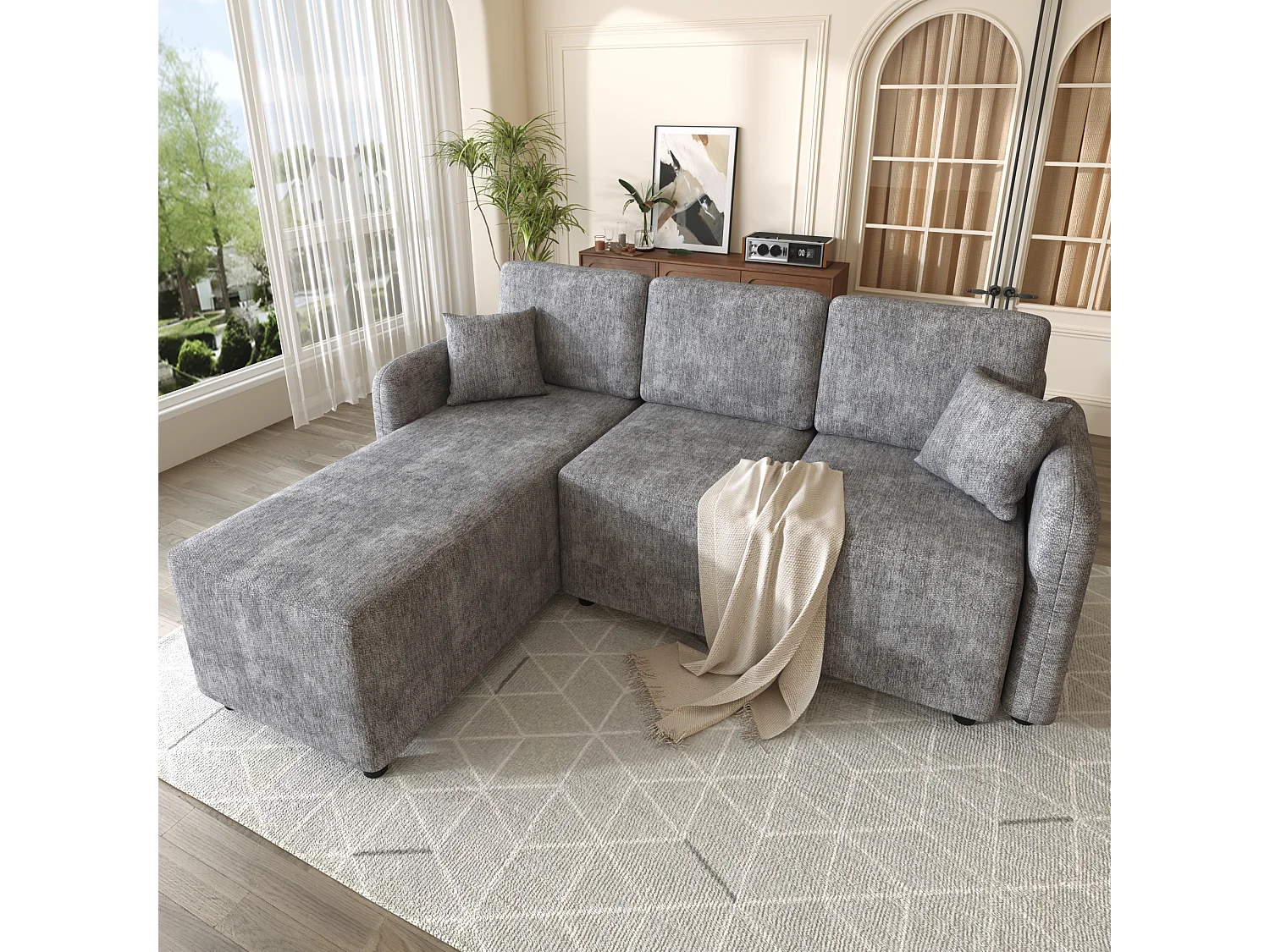 Canapé d'angle L 3 places en chenille, zone inclinable 144 cm, 2 coussins, design scandinave pour salon