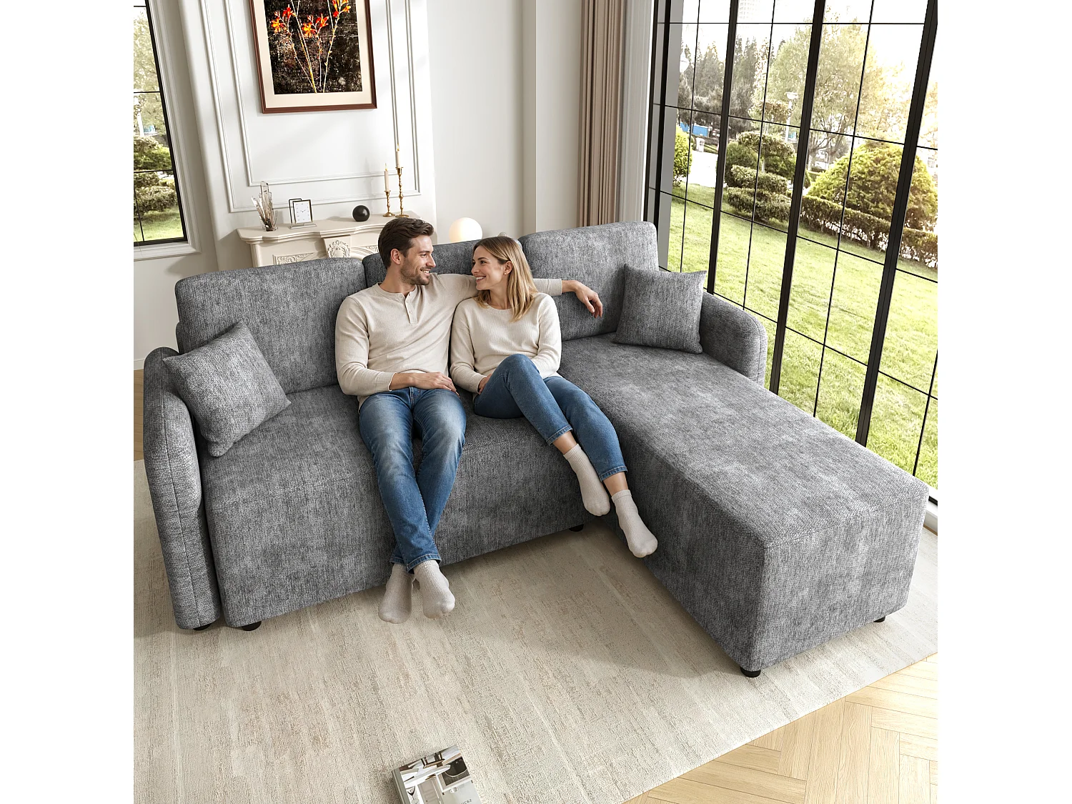 Canapé d'angle L 3 places en chenille, zone inclinable 144 cm, 2 coussins, design scandinave pour salon