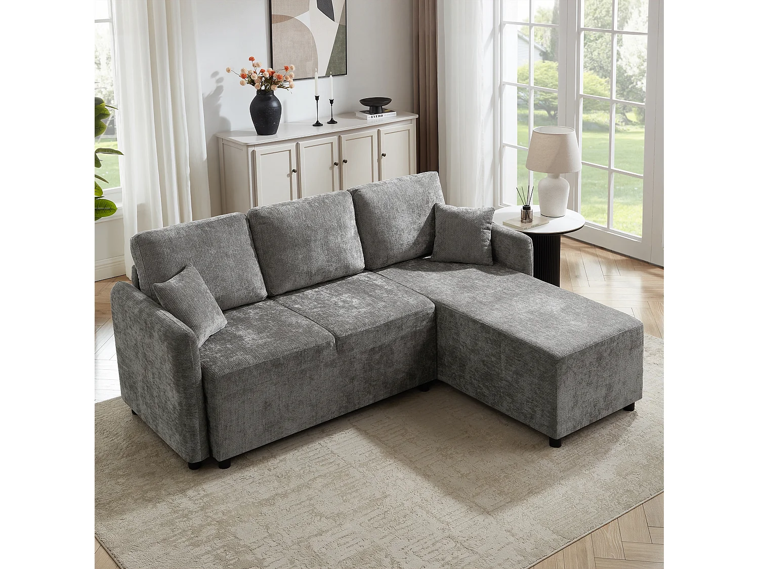 Canapé d'angle L 3 places en chenille, zone inclinable 144 cm, 2 coussins, design scandinave pour salon