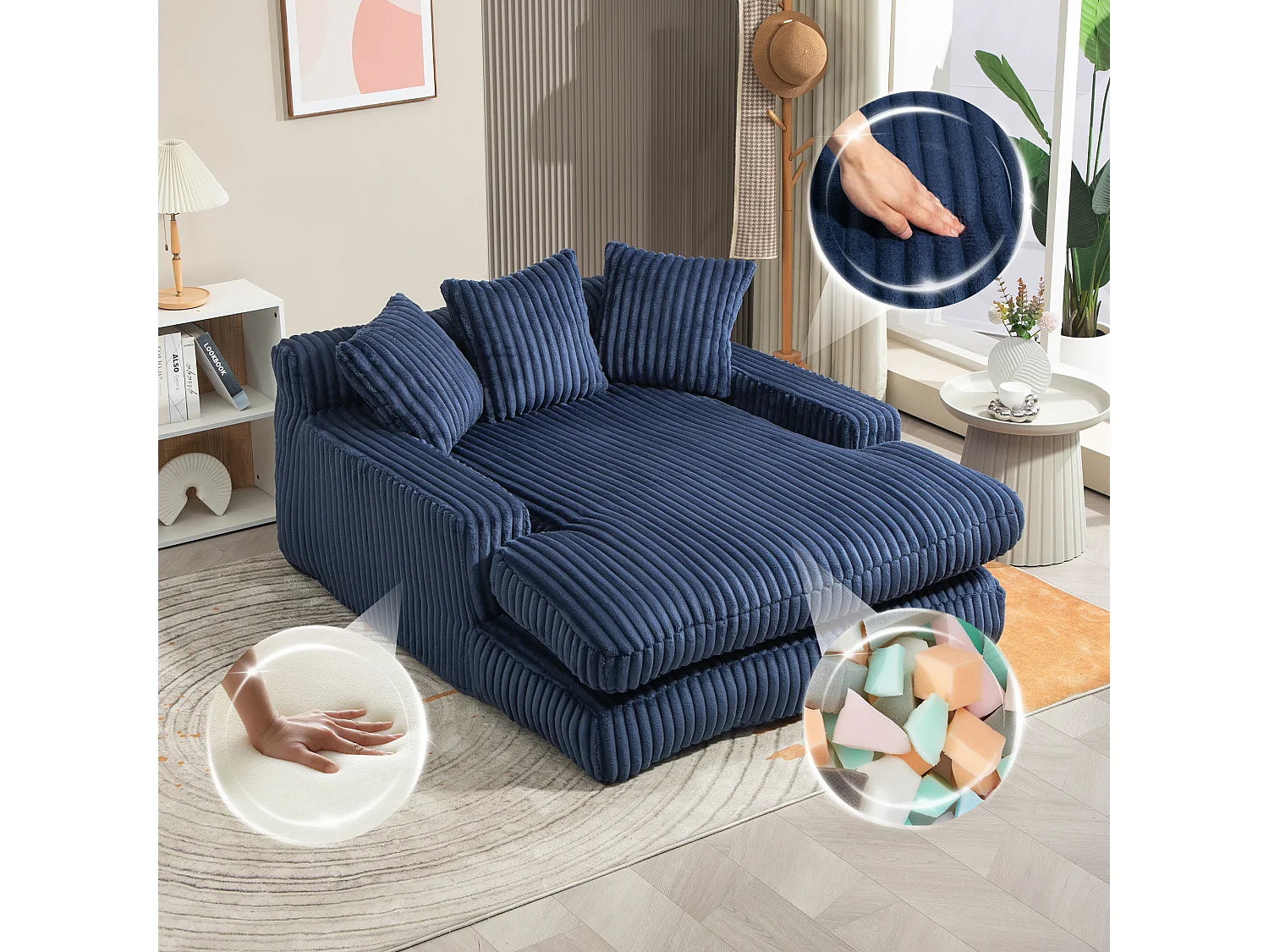 Canapé relaxation Cloud velours côtelé bleu marine, 3 coussins, assise large, design scandinave